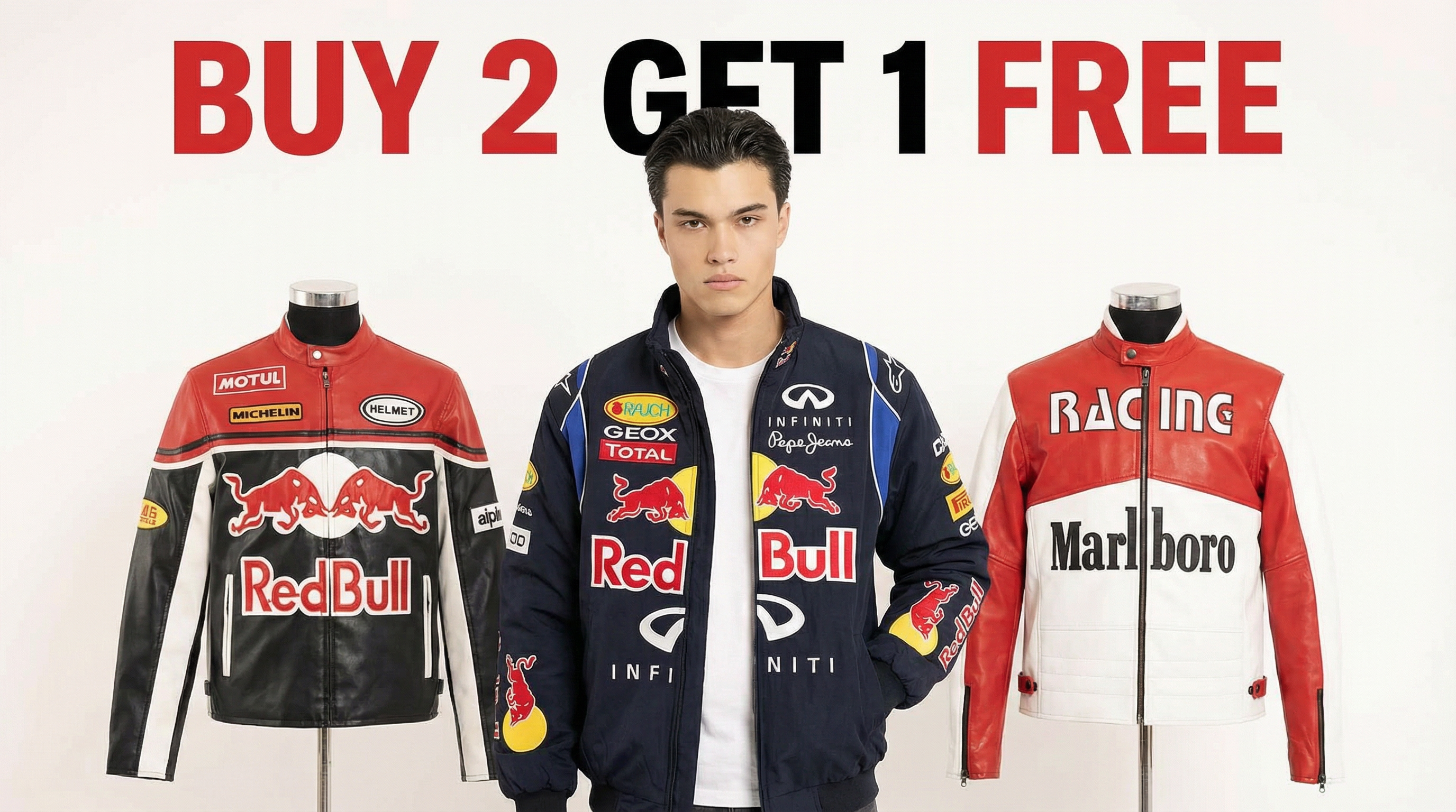 A man in a Red Bull racing jacket stands between two mannequins in racing jackets. Bold text above reads BUY 2 GET 1 FREE.