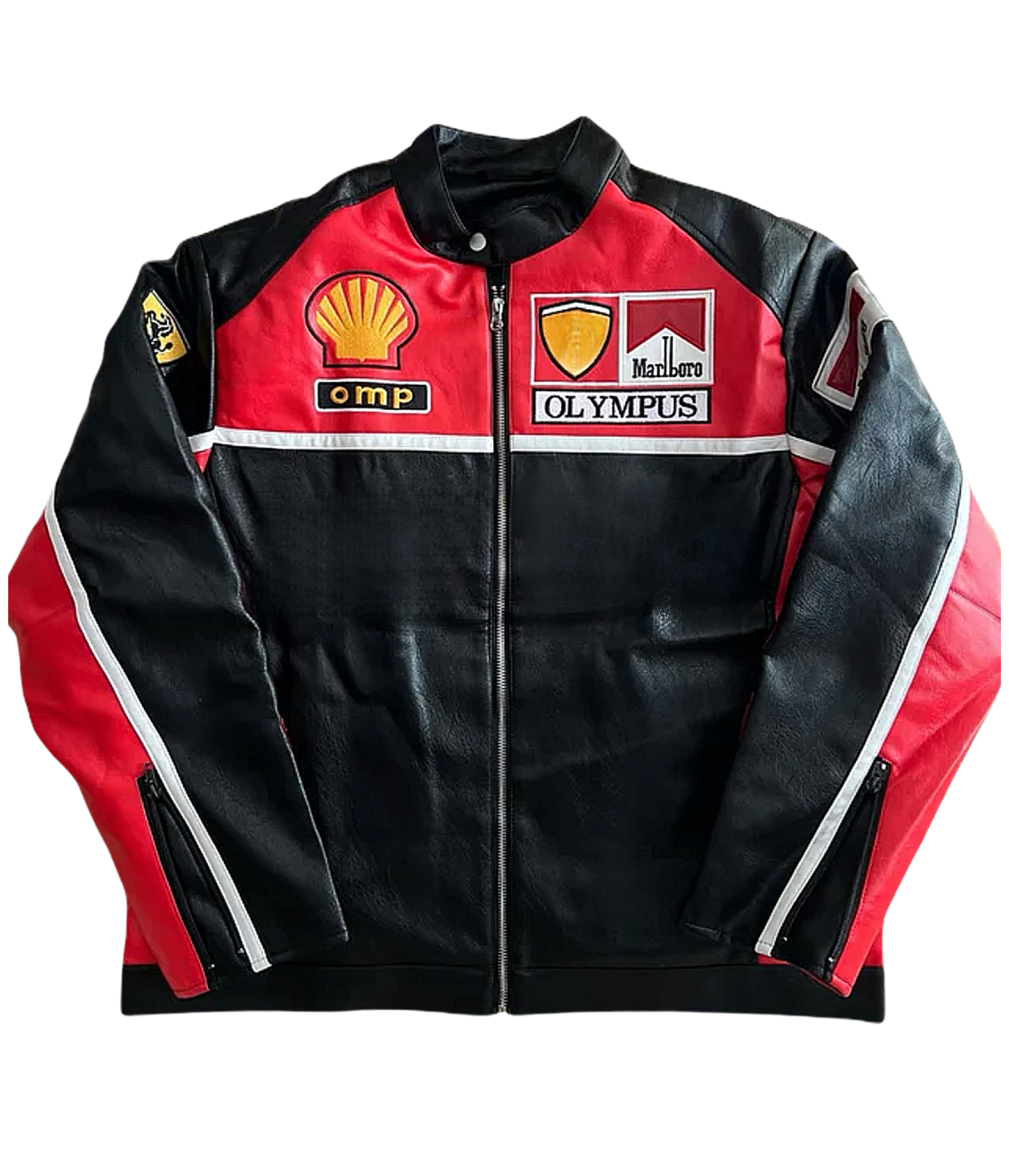 The F1 Leather Jacket - Olympus Edition is a black and red motorsport racing jacket with Shell, Marlboro, Olympus, OMP patches and a Ferrari logo, shown on a white background.