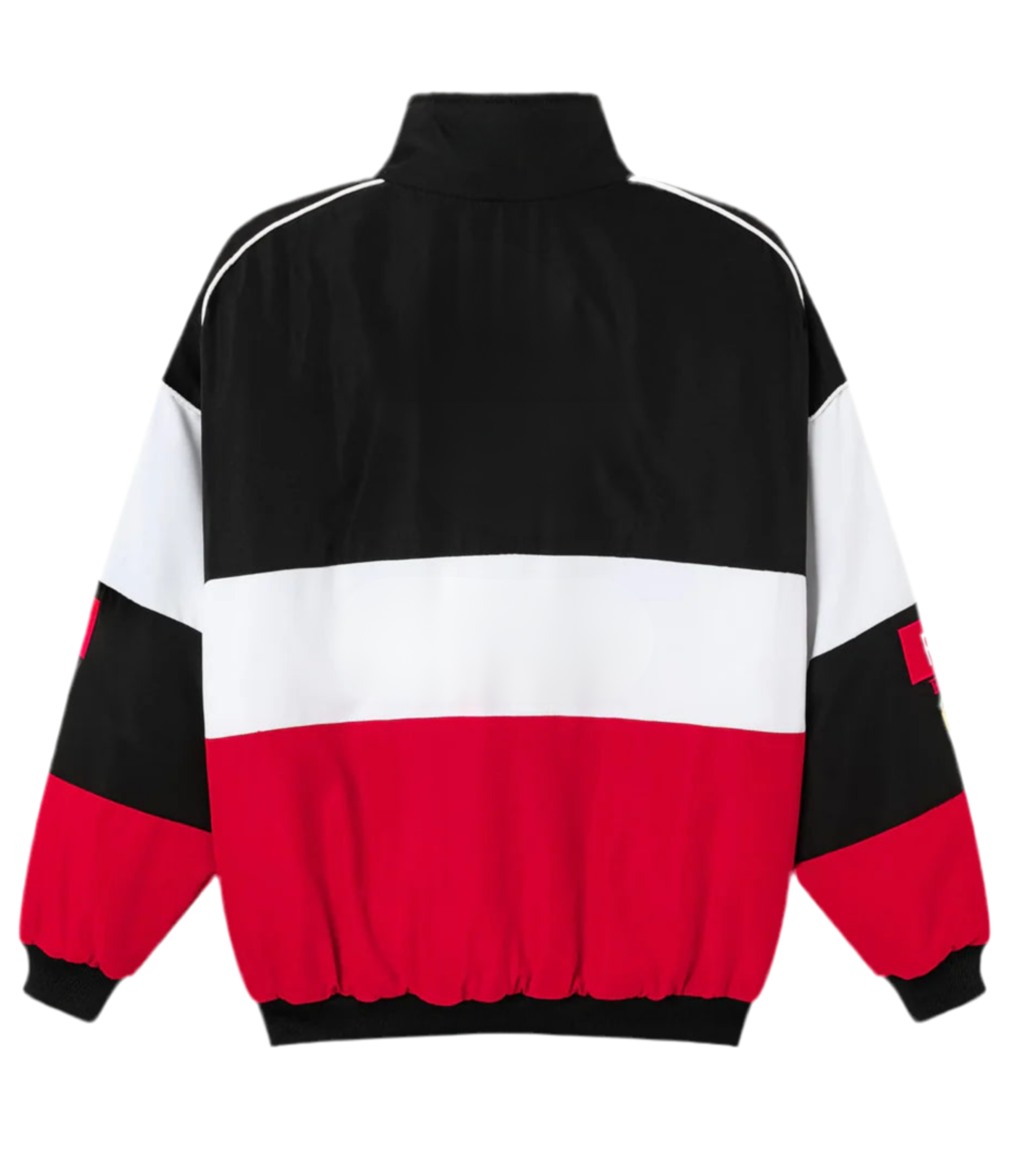 The F1 Vintage Racing Jacket - Classic Edition features a high collar, black, white, and red horizontal stripes, long sleeves with black cuffs, and a loose fit—ideal for motorsport fans.