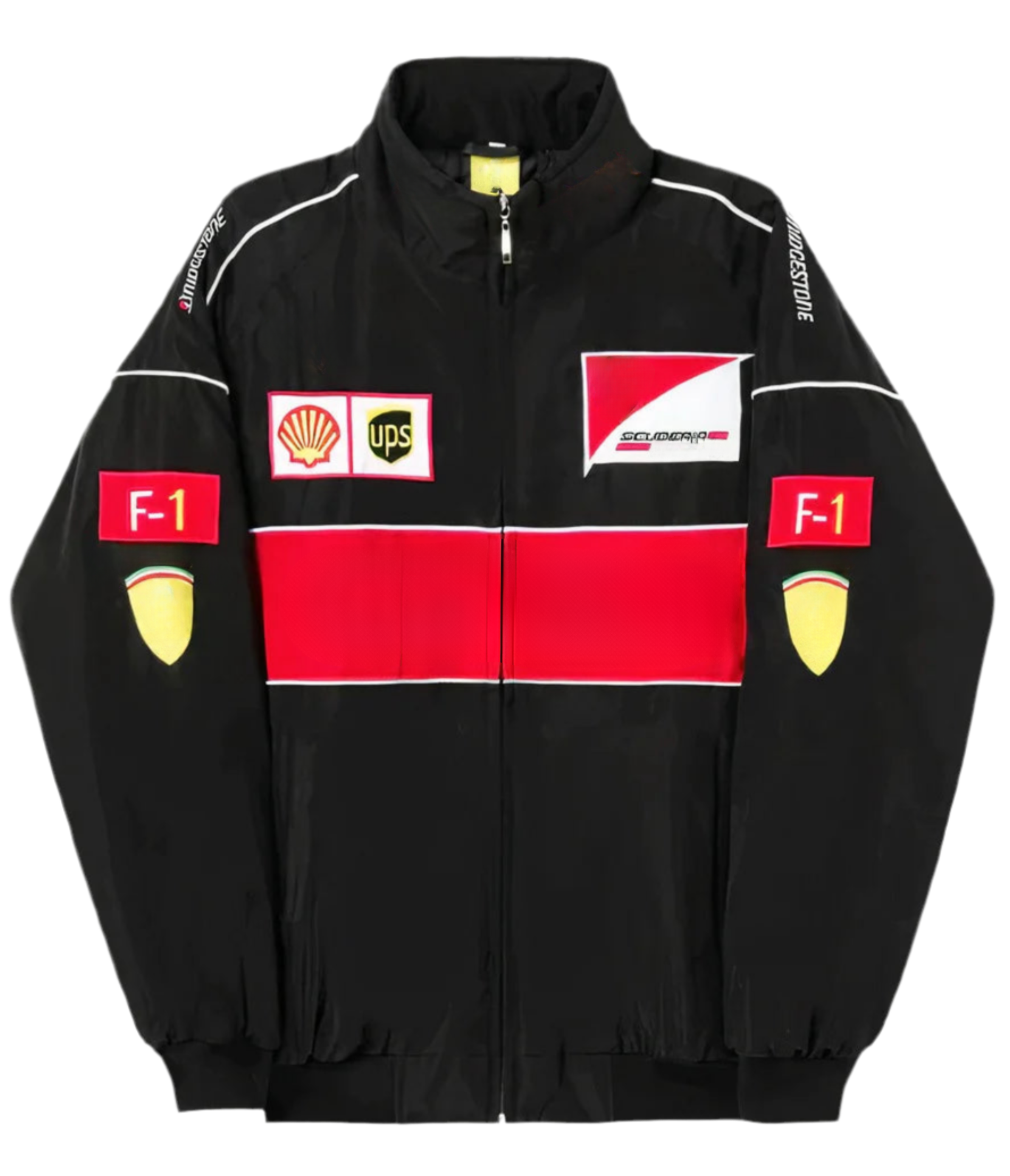 The F1 Vintage Racing Jacket - Black Edition features red and white stripes plus Scuderia Ferrari, Shell, UPS, and Bridgestone logos on the front, sleeves, and shoulders for classic motorsport style.