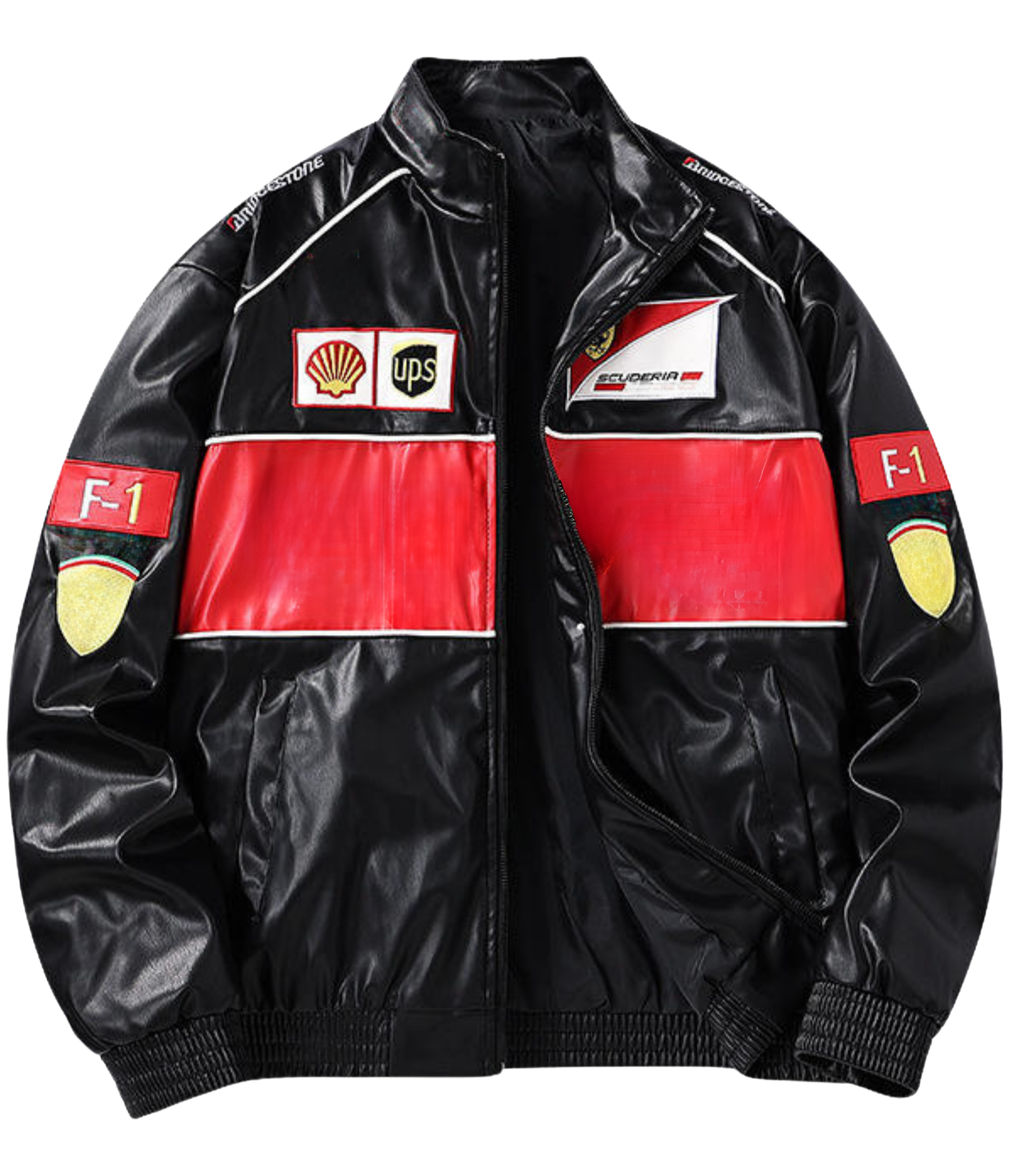 The F1 Vintage Leather Jacket - Red Edition features a bold red center stripe, Ferrari and F1 patches, Shell and UPS logos, plus sleeve shield emblems—an iconic vegan jacket for motorsport fans.