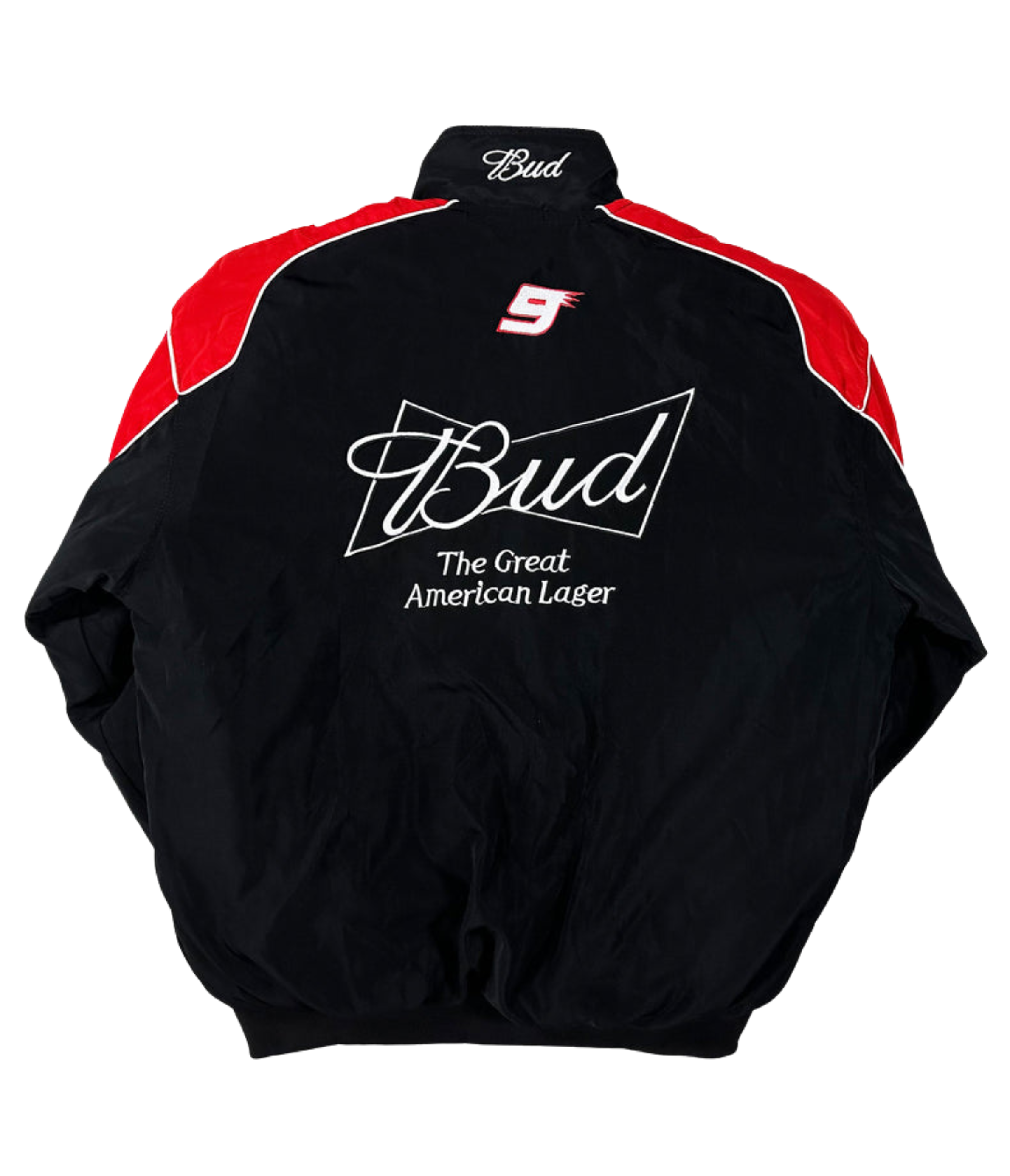 The Budweiser Vintage Racing Jacket - NASCAR Black Edition showcases Bud The Great American Lager on the back, a bold red and white number 9, and Bud collar embroidery—a classic vintage racing look.