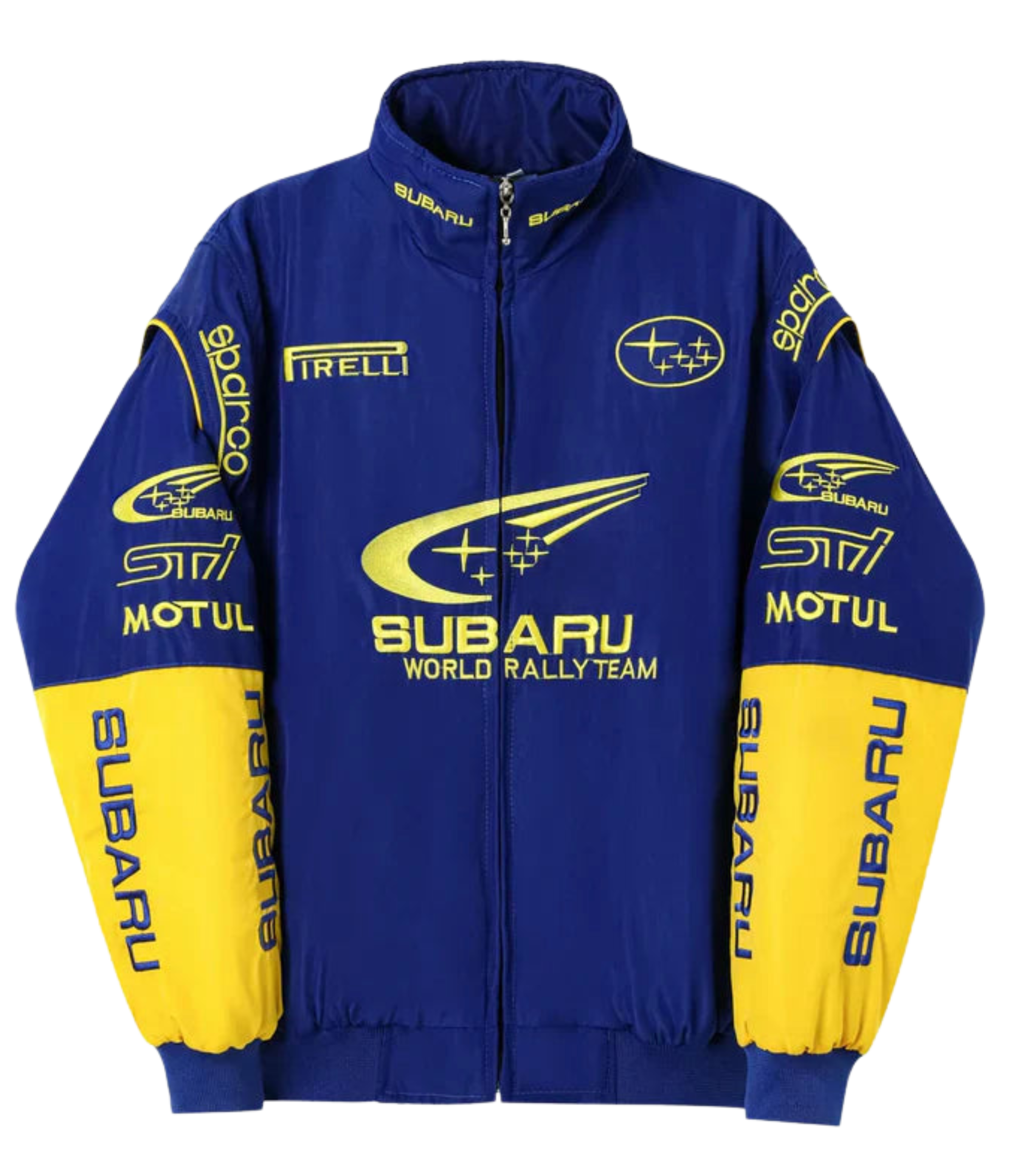 The Subaru World Rally Team Vintage Jacket features blue and yellow 555 livery, Motul, Pirelli, and Sparco sponsor logos on the chest, sleeves, and collar. Finished with a front zipper and ribbed cuffs for an authentic rally look.