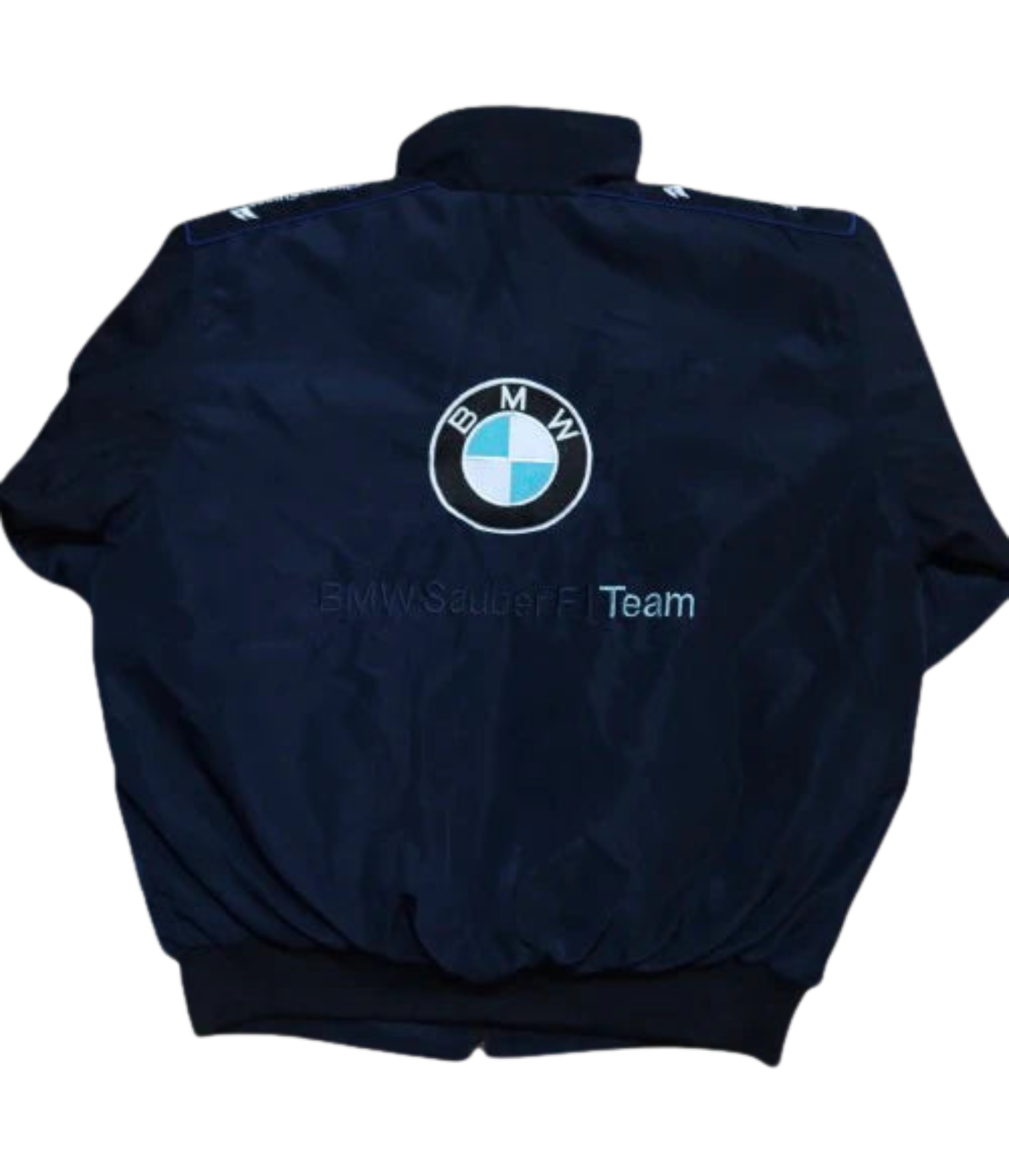 The BMW F1 Vintage Racing Jacket in black features the iconic BMW logo and BMW Sauber F1 Team text on the back, reflecting true racing heritage.