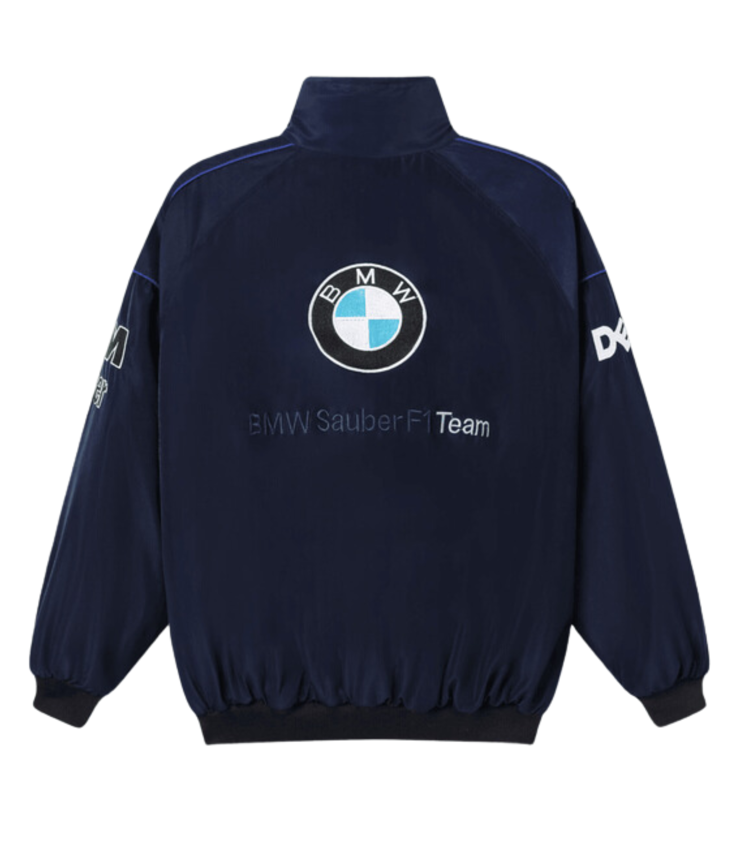The BMW F1 Vintage Racing Jacket - Classic Edition in navy blue features the iconic BMW logo on the back, embroidered text, and white sleeve logos—a must-have vintage piece for any Formula 1 enthusiast.