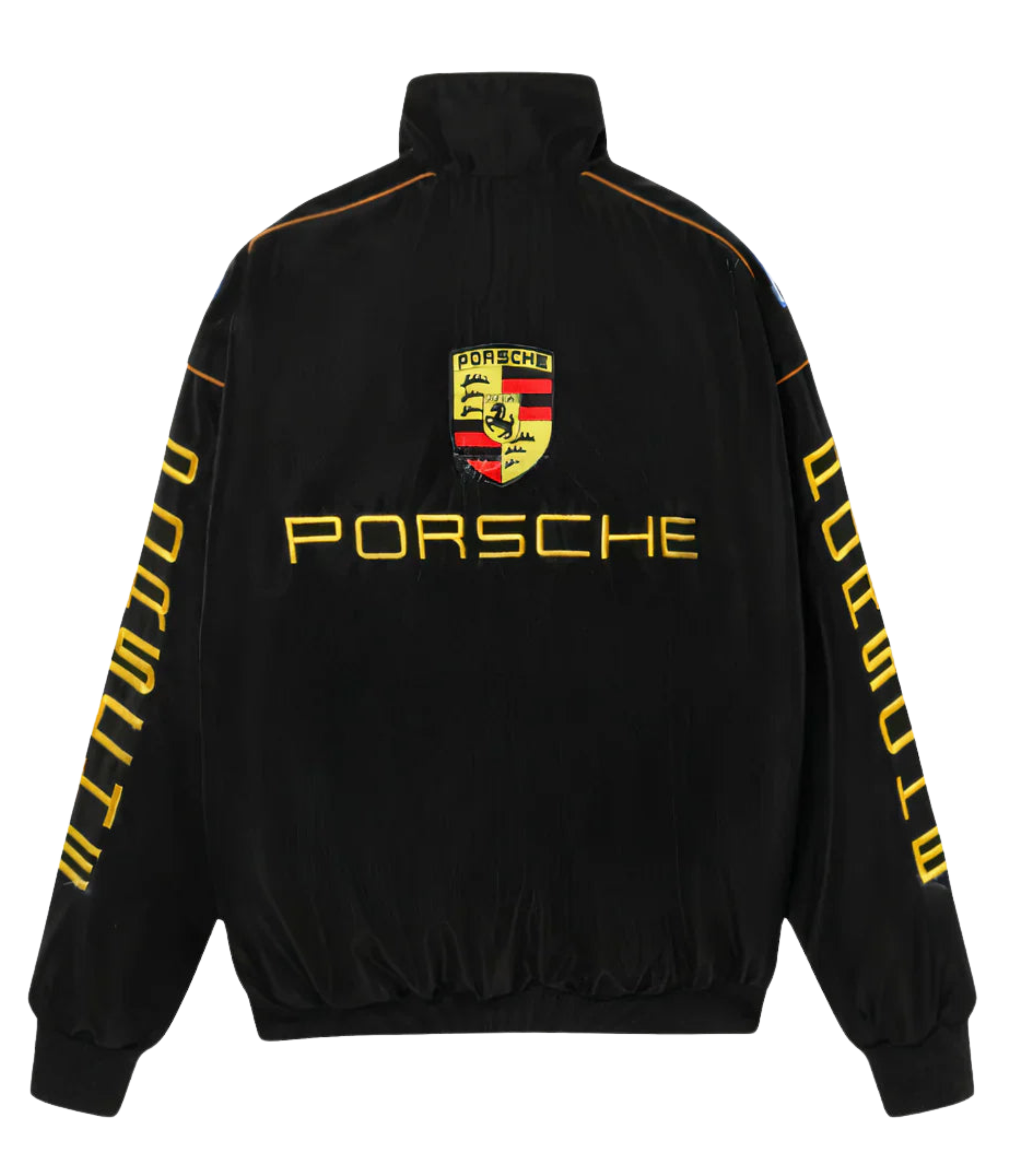The Porsche Vintage Racing Jacket is black with yellow “Porsche” text on the back and sleeves plus a large Porsche logo on the upper back—ideal for retro motorsport jacket enthusiasts and fans of authentic trackside style.