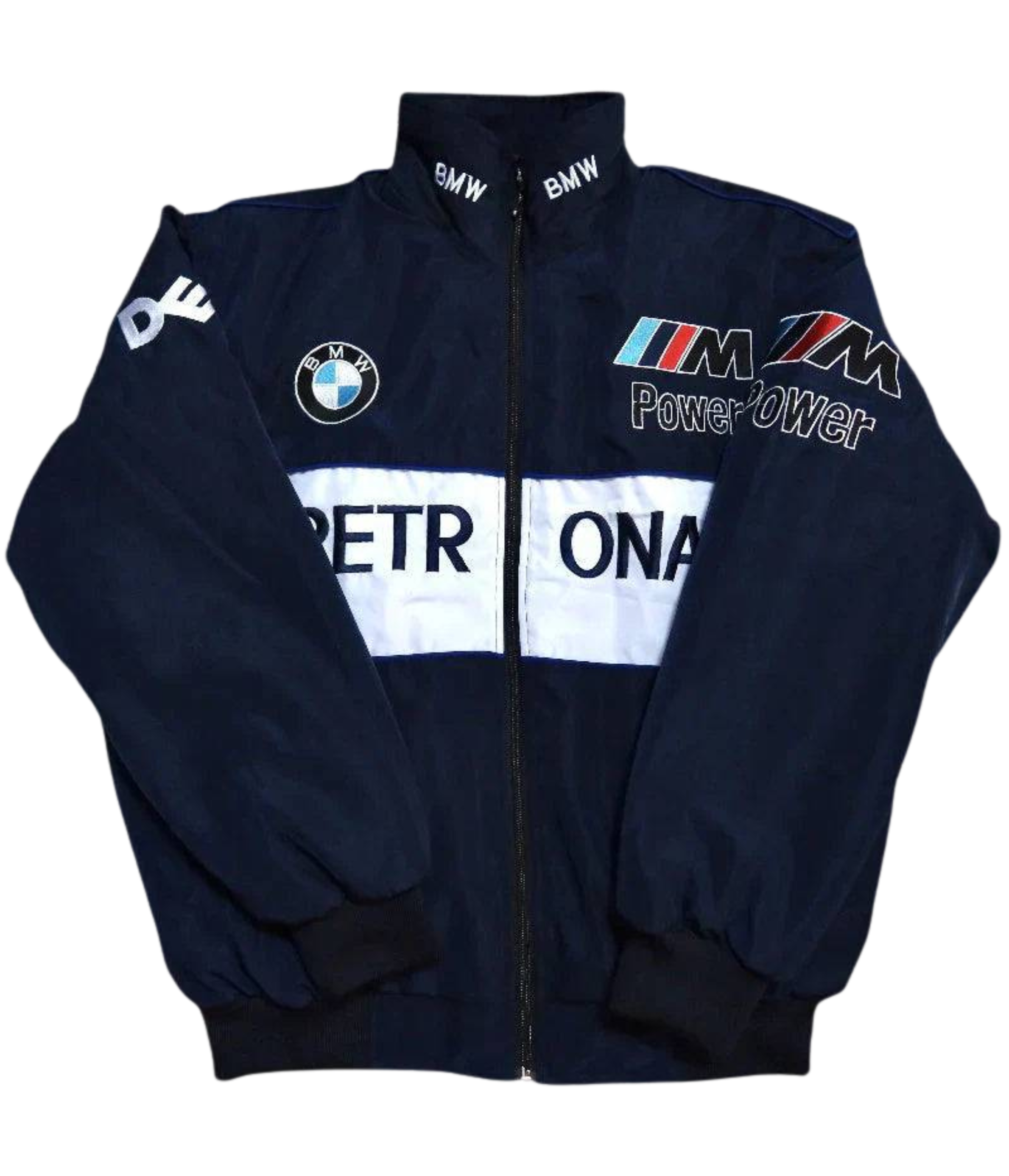The BMW F1 Vintage Racing Jacket is navy blue with PETRONAS in white on the front, BMW and M Power logos on the chest, and BMW text on the collar. Features a zip-up front, black cuffs, and true racing heritage style.