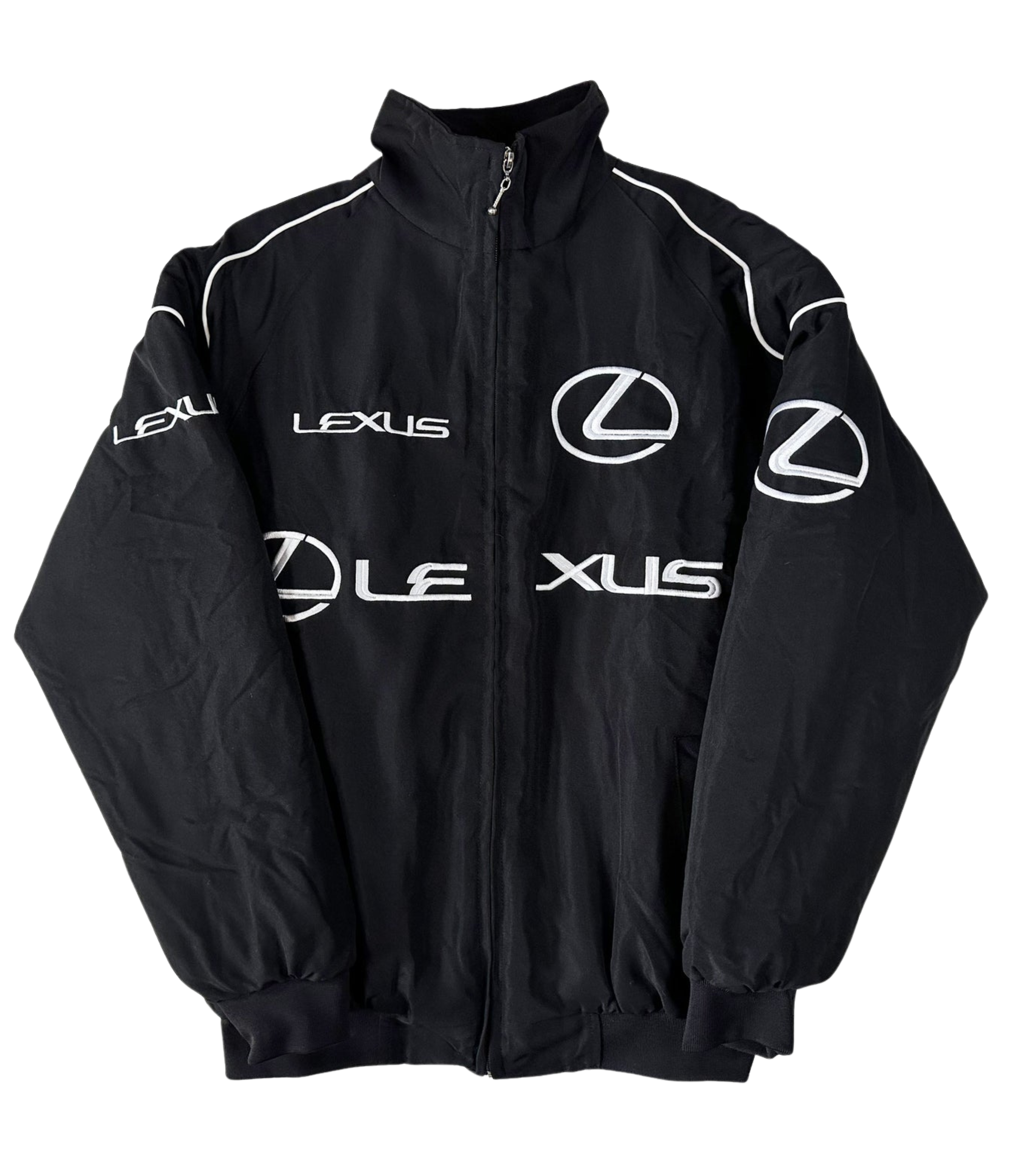The Lexus Vintage Racing Jacket is a black zip-up with multiple white Lexus logos and LEXUS on the front, sleeves, and shoulders. Featuring a high collar and elastic cuffs, this automotive-inspired jacket blends modern luxury and motorsport style.