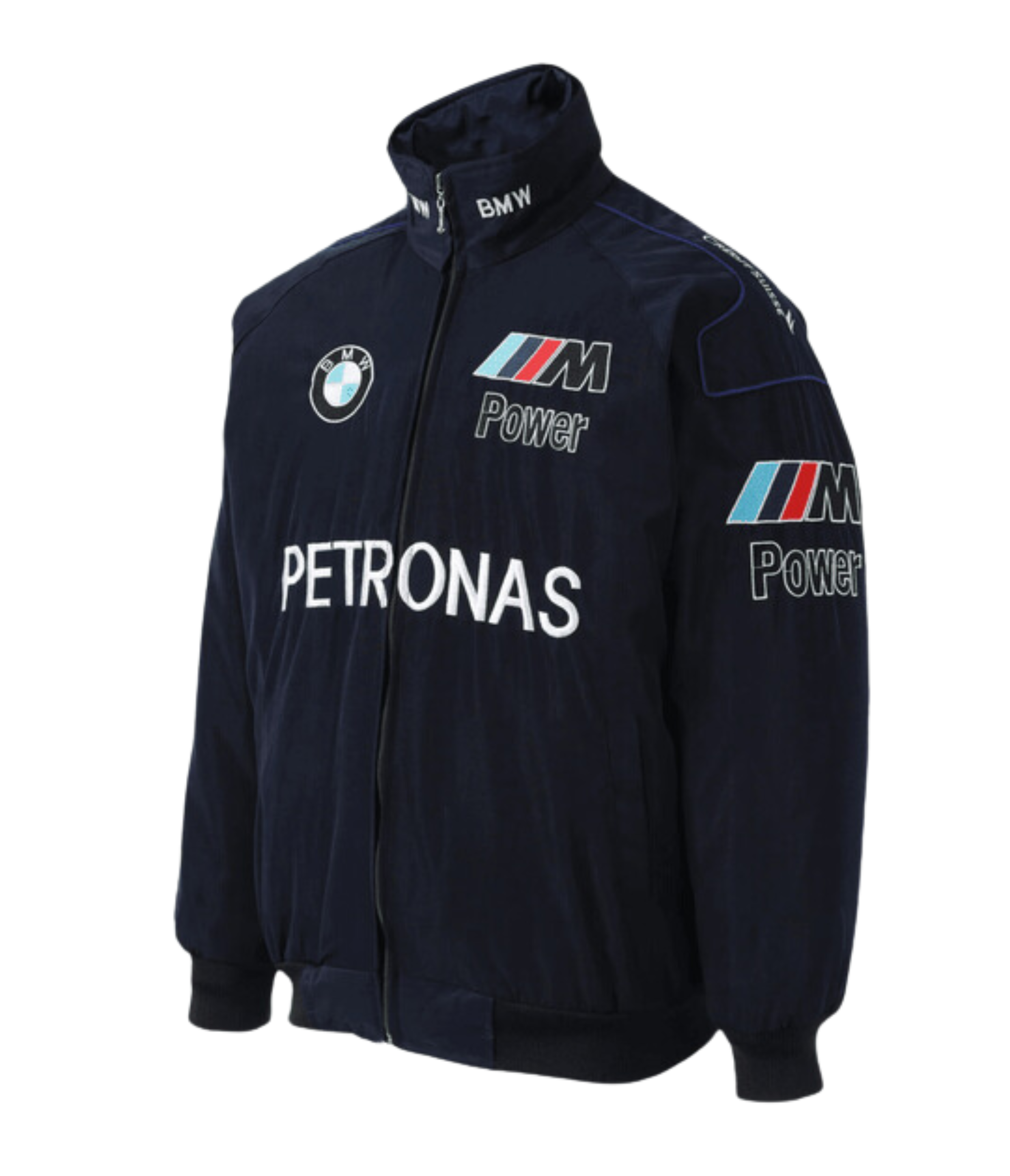 The BMW F1 Vintage Racing Jacket - Classic Edition is a navy blue jacket featuring embroidered BMW, M Power, and Petronas logos, with zip closure, stand collar, elastic cuffs and hem—a must-have for motorsport fans.