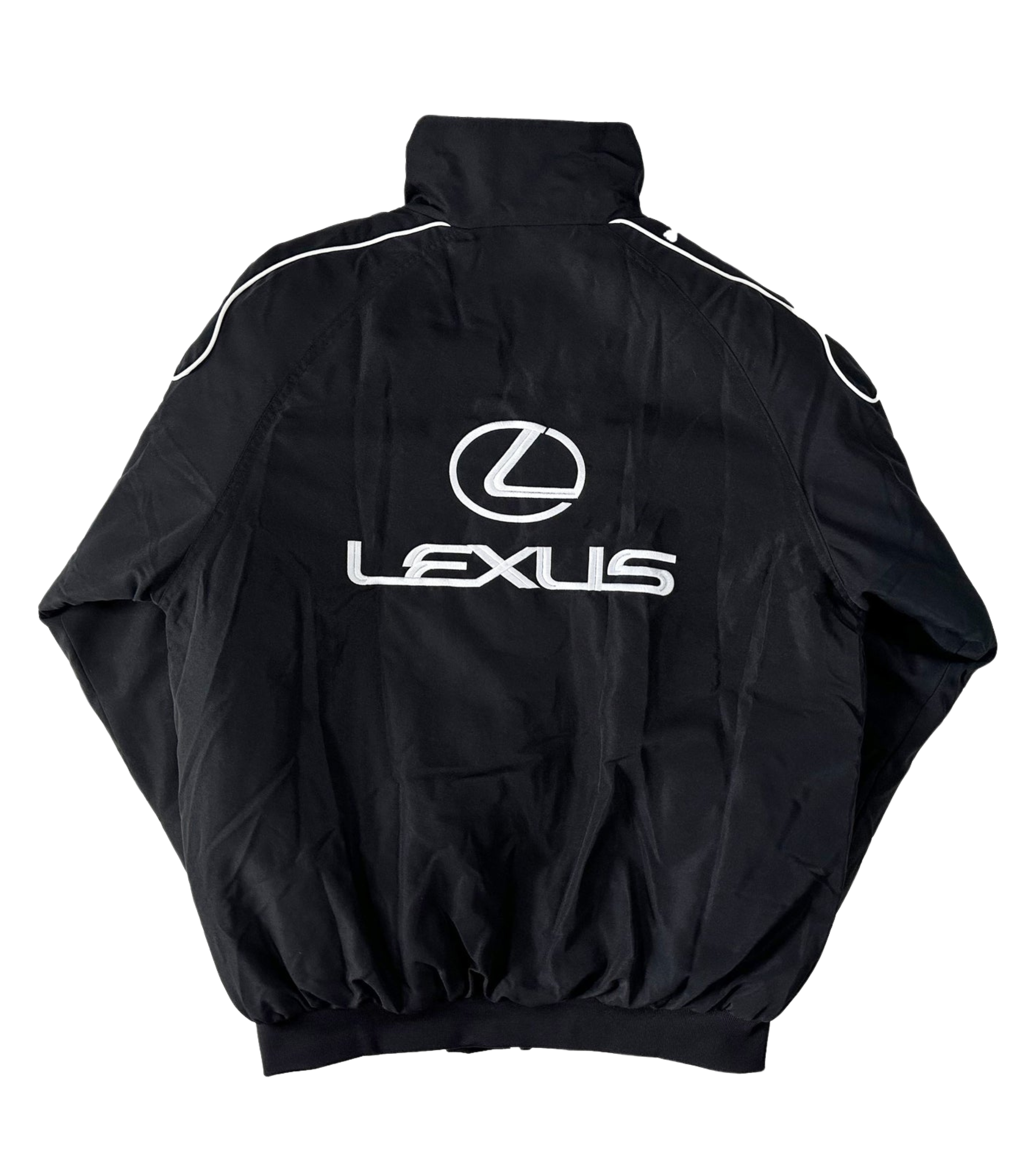 The Lexus Vintage Racing Jacket features a black design with white shoulder piping and the Lexus logo and name embroidered in white on the back—ideal for fans of luxury motorsport style.
