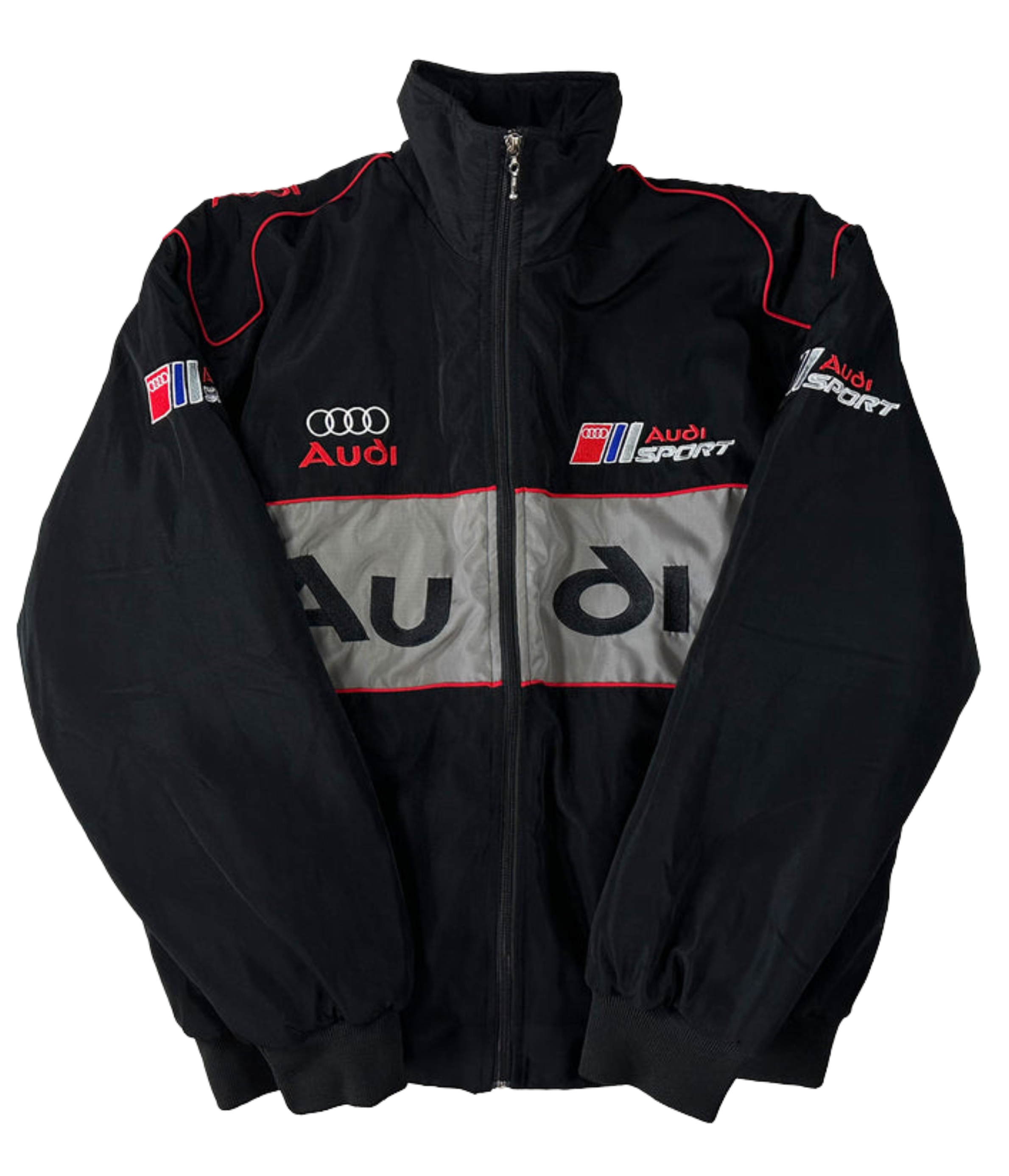 The Audi Vintage Racing Jacket, in black with red and white accents, features chest, sleeve, and back logos plus a central gray stripe with the Audi name. This vintage motorsport jacket is shown zipped up and laid flat.