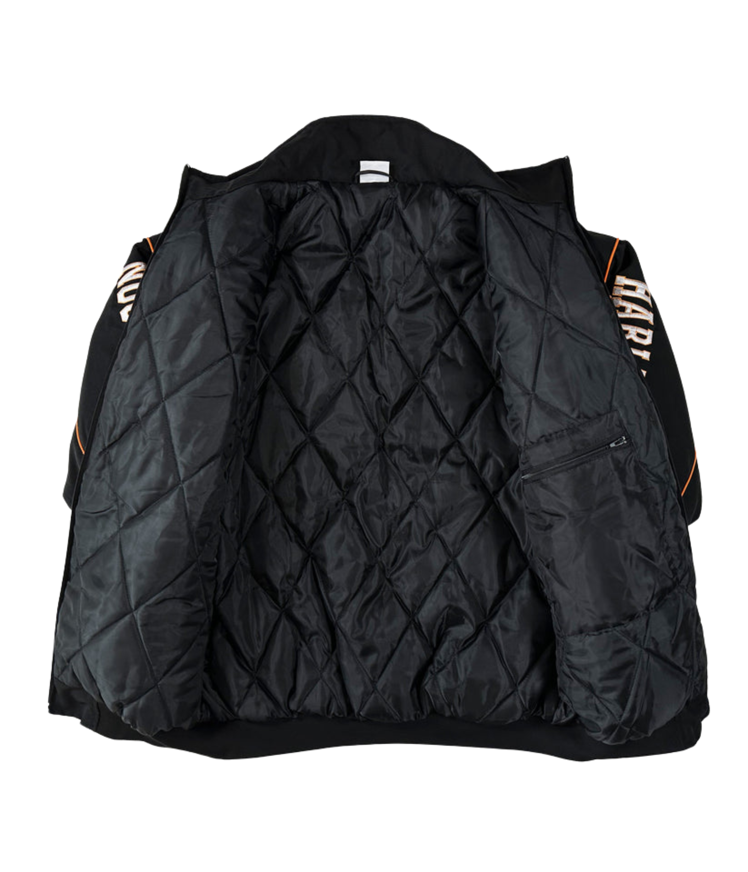 The Vintage Harley Davidson Jacket, shown open, reveals a diamond-patterned lining and a small left zip pocket. Its black quilted sleeves feature bold orange and white text, reminiscent of classic retro motorcycle jacket style.