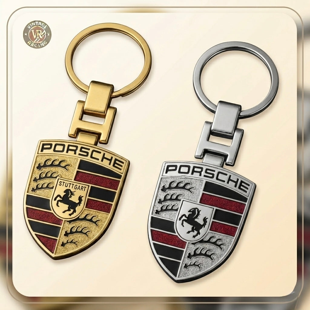 Two Porsche Keychains, one gold and one silver, are shown side by side. Each displays the iconic crest with Stuttgart horse logo—making these Porsche Keychains the perfect gift for any enthusiast.