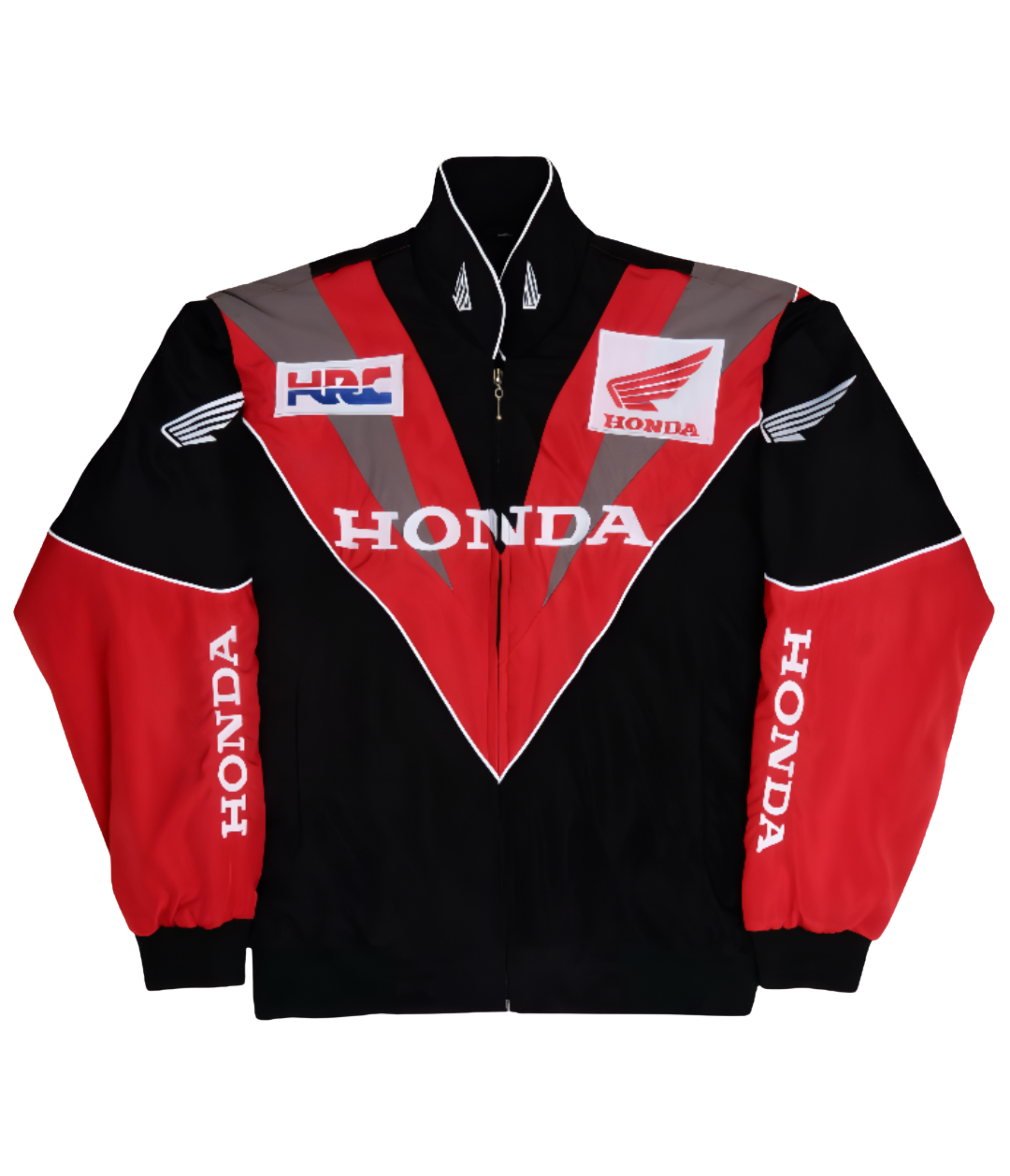 The Honda Vintage Racing Jacket showcases a black and red design with the Honda logo, HONDA text, and HRC patch on the front. White HONDA lettering accents the sleeves. It features a zip-up front and stand-up collar for a classic racing look.