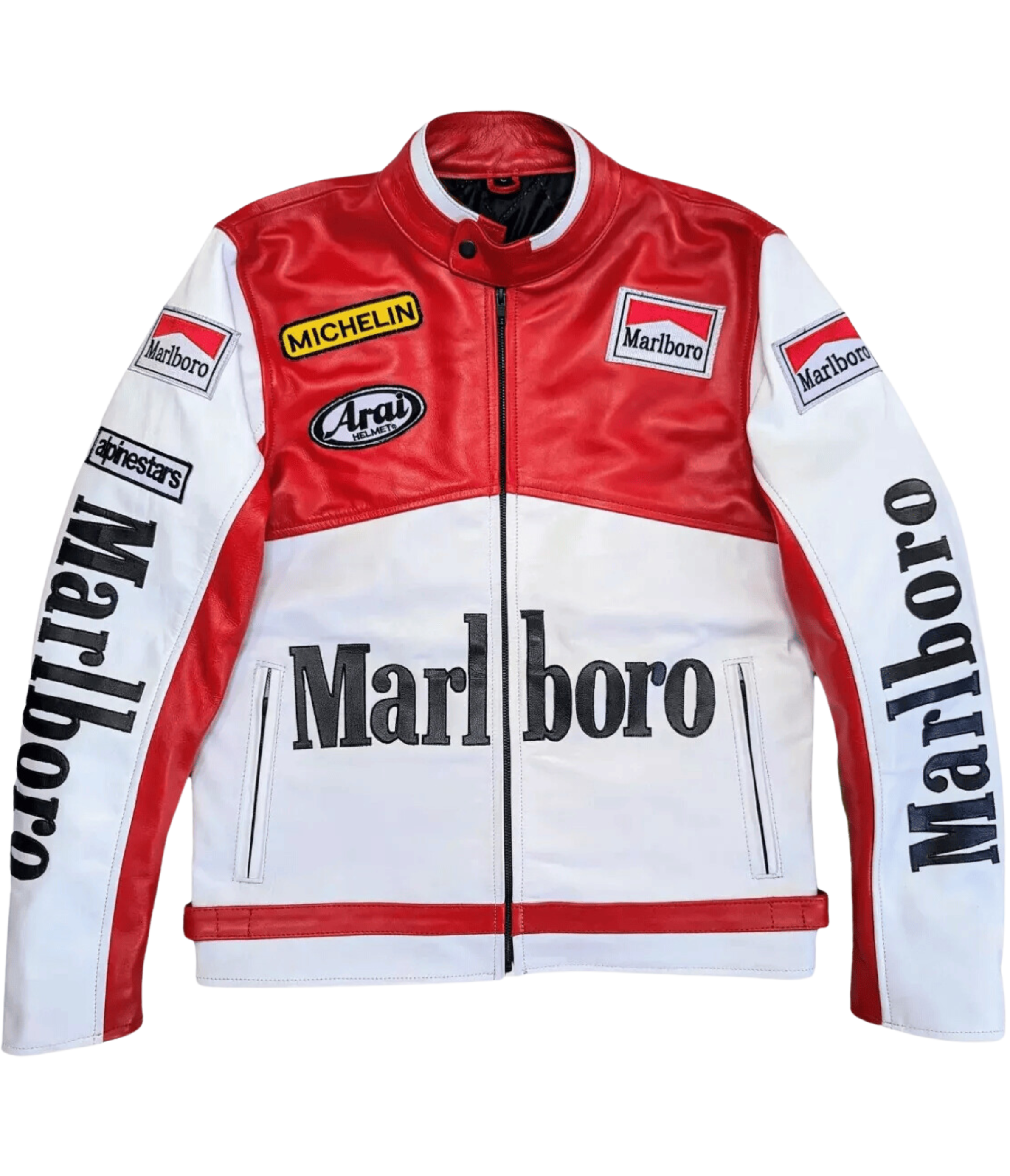 The Marlboro Racing Leather Jacket showcases Michelin, Arai, and Alpinestars logos, plus bold Marlboro branding on the chest and sleeves—a retro 90s F1-inspired design in red and white.