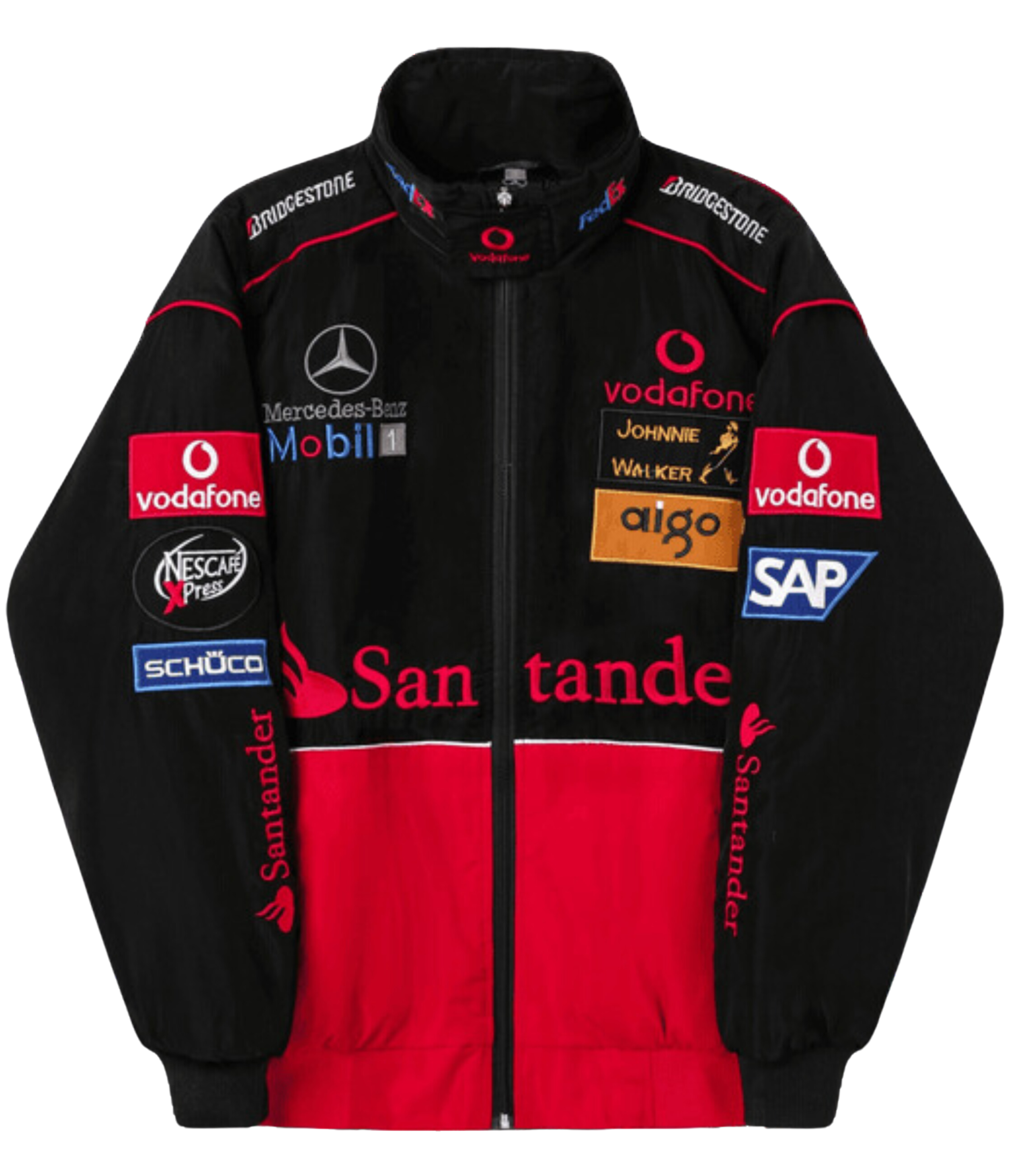 The McLaren x Mercedes-Benz Vintage Jacket in black and red features multiple sponsor logos—Santander, Vodafone, Bridgestone—delivering authentic Formula 1 streetwear for fans who want a classic Grand Prix look.