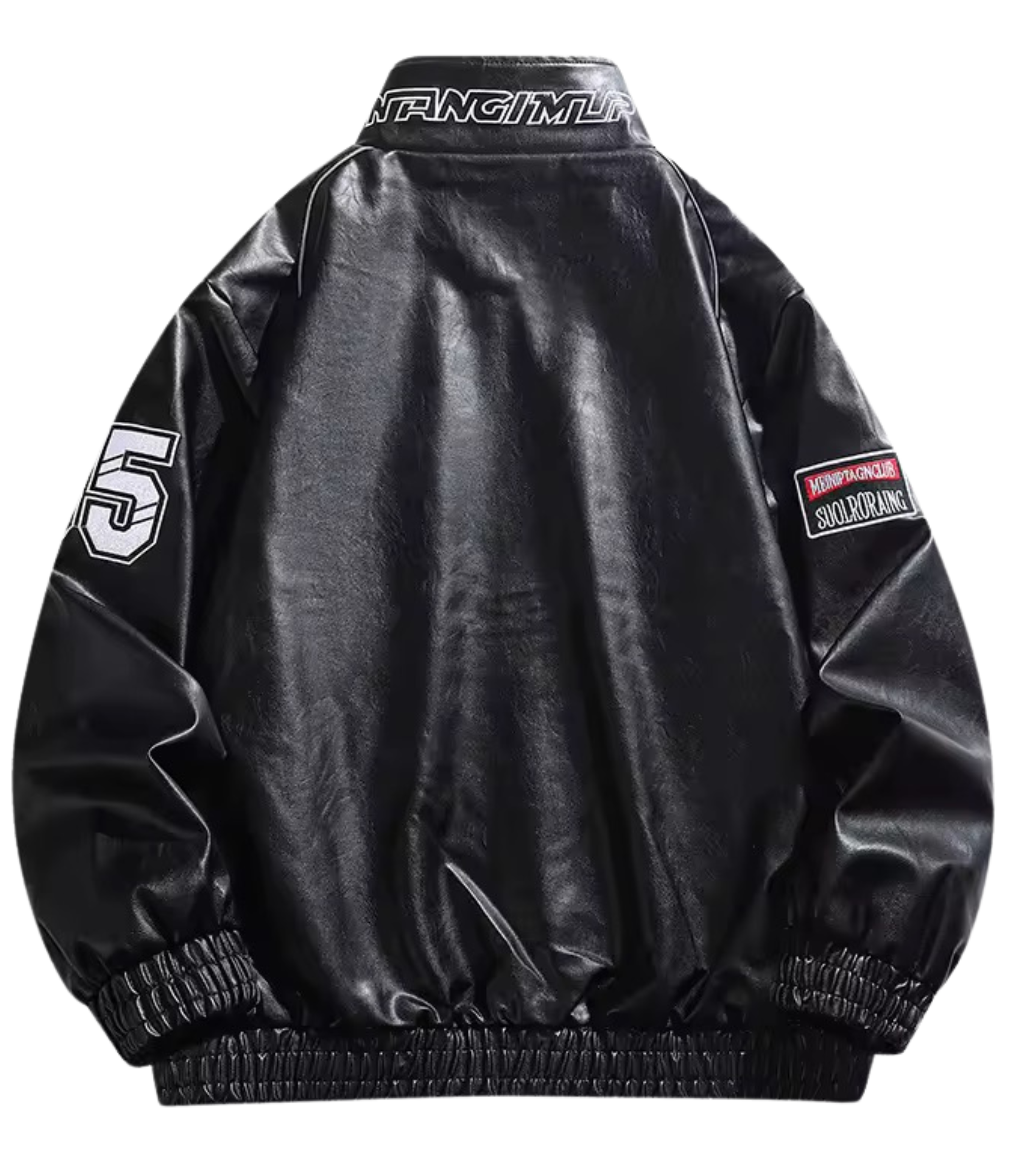 The LAP 85 Black Racing Jacket features black faux leather with a shiny finish, elastic cuffs and hem, a white 55 patch on the left sleeve, red-and-white patch on the right sleeve, and F1-inspired details for bold style.