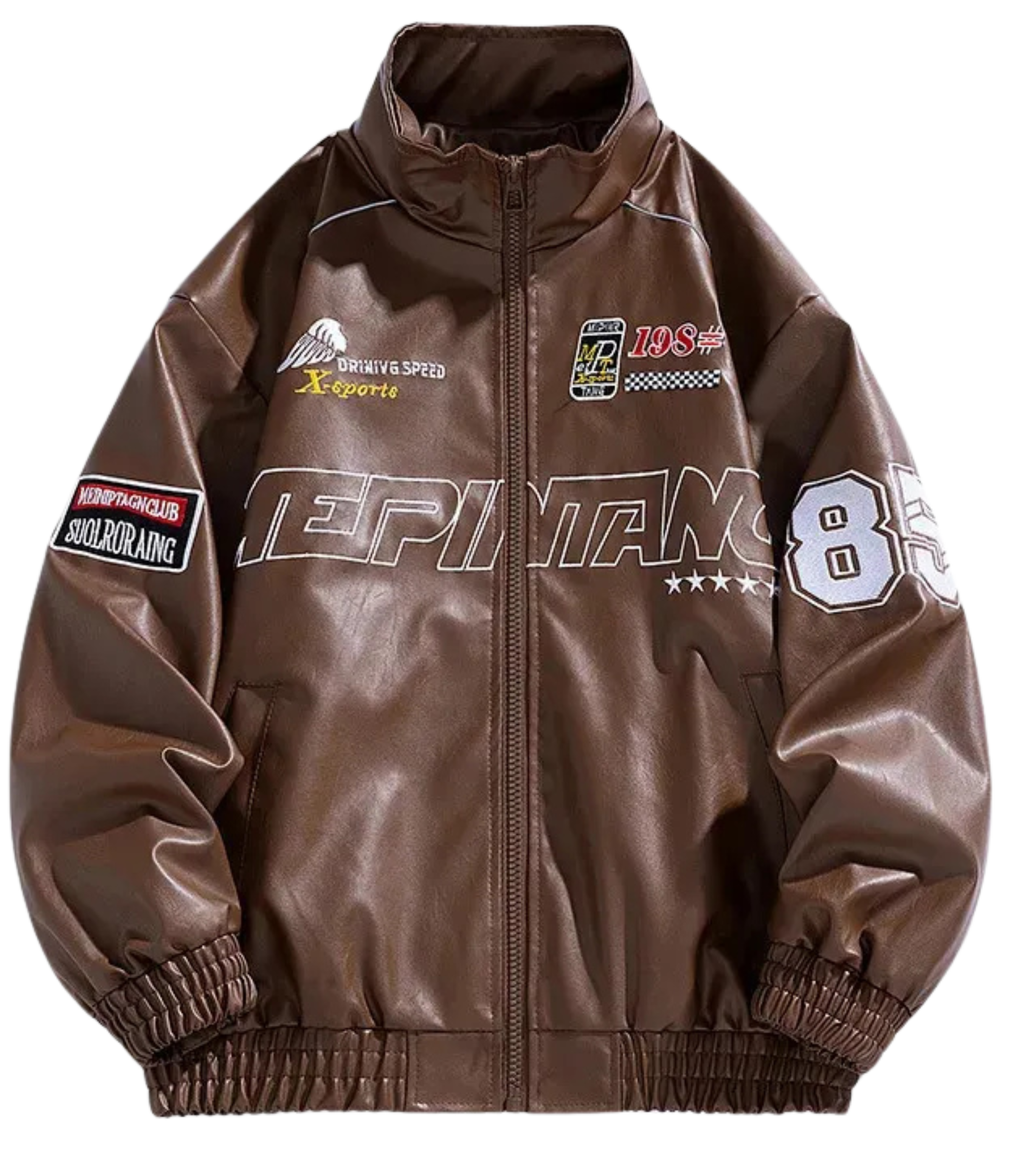 The LAP 85 Brown Racing Jacket is inspired by vintage motorsport designs, featuring white and red patches like number 85 and DRIVING SPEED, decorative front and sleeve text, plus elastic hem and cuffs for a classic 80s driver look.