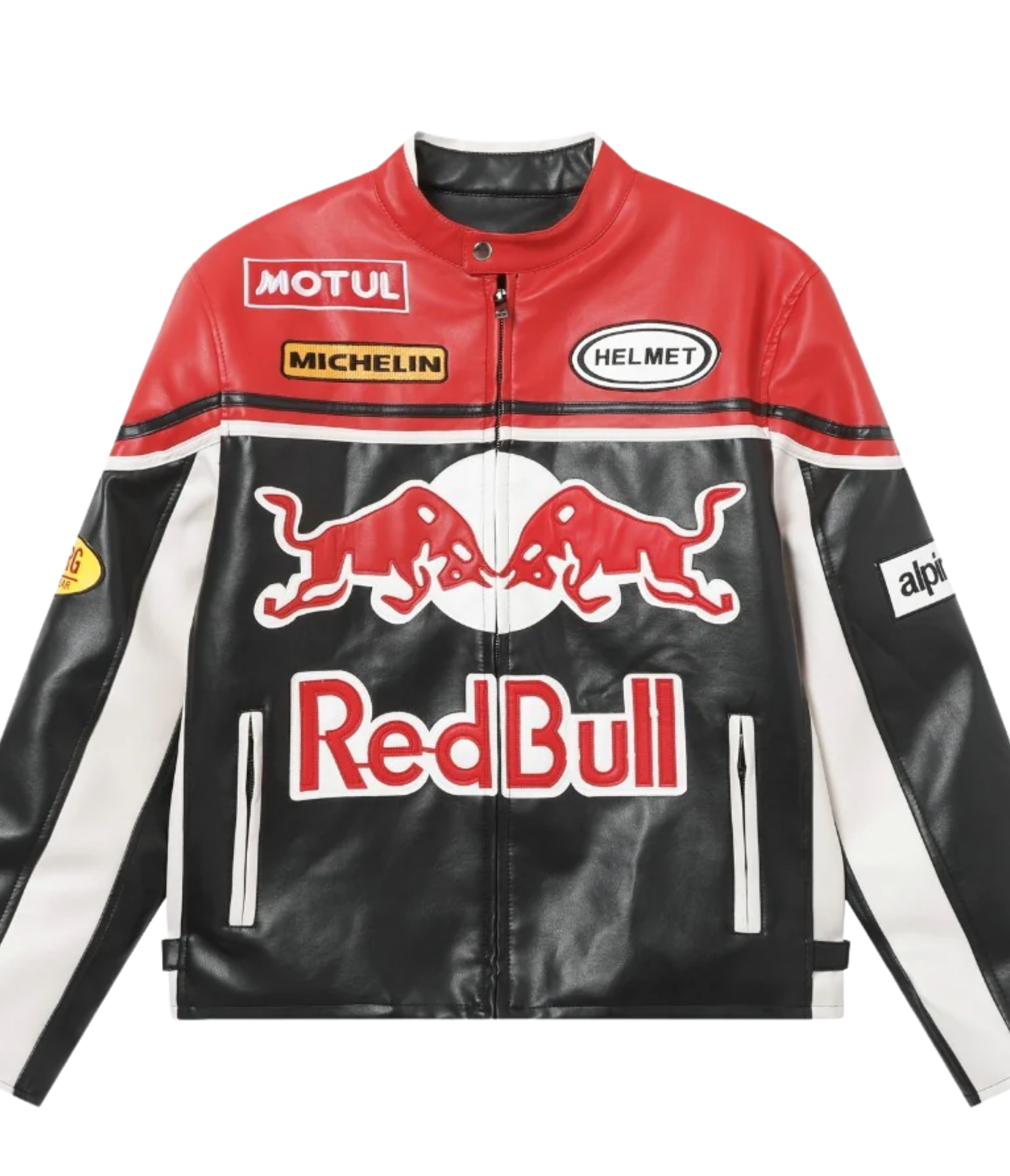 The Red Bull Leather Racing Jacket showcases bold Motul, Michelin, and Alpinestars logos with dynamic graphics on red, black, and white leather—blending stylish design and racing heritage across the front and sleeves.