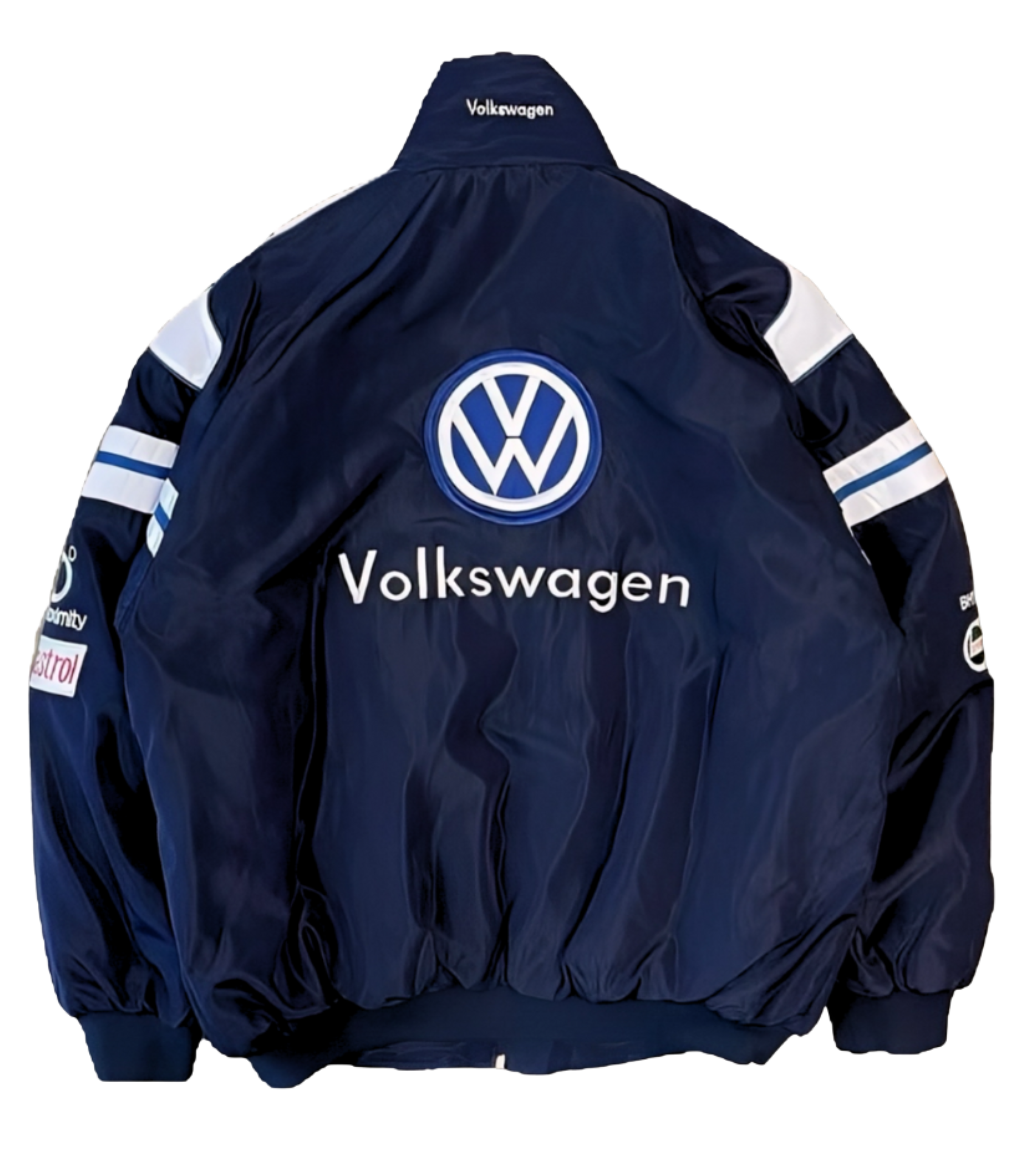 The Volkswagen Vintage Racing Jacket features a navy blue design with white sleeve stripes, sponsor patches, and a large Volkswagen logo and text on the back—ideal for fans of retro automotive or classic motorsport style.