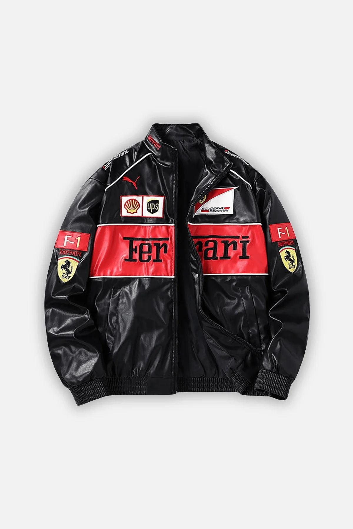 The Ferrari F1 Vintage Racing Leather Jacket - Red Edition is a red and black jacket inspired by Ferrari F1, featuring sponsor logos including Shell, UPS, Puma, and yellow F1 and prancing horse patches on the sleeves with a bold Ferrari logo on the front.