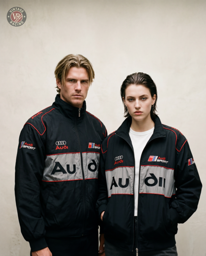 Two people stand side by side in matching black Audi Vintage Racing Jackets, featuring red accents and silver bands, against a plain light background as they look seriously at the camera.