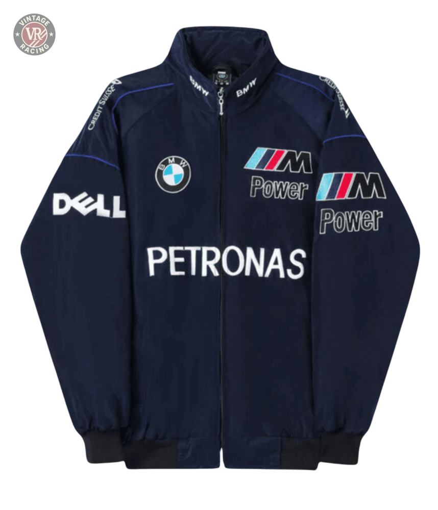 The BMW F1 Vintage Racing Jacket - Classic Edition is a navy blue jacket with BMW, M Power, Petronas, Dell, and CrowdStrike logos, featuring a front zipper and black cuffs.