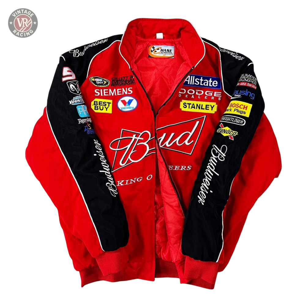 The Budweiser Racing Vintage Jacket - NASCAR Red Edition features striking red and black colors with sponsor patches from Dodge, Allstate, Best Buy, Stanley, Siemens, and more—displayed here on a white surface.