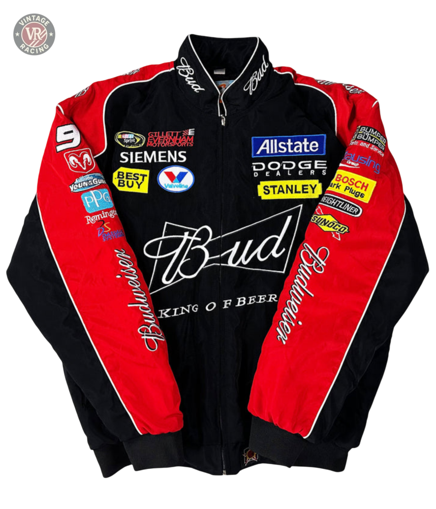 The Budweiser Vintage Racing Jacket - NASCAR Black Edition features black and red colors, King of Beers logos, and sponsor patches like Allstate, Dodge, and Stanley—ideal for fans seeking a classic vintage racing look.
