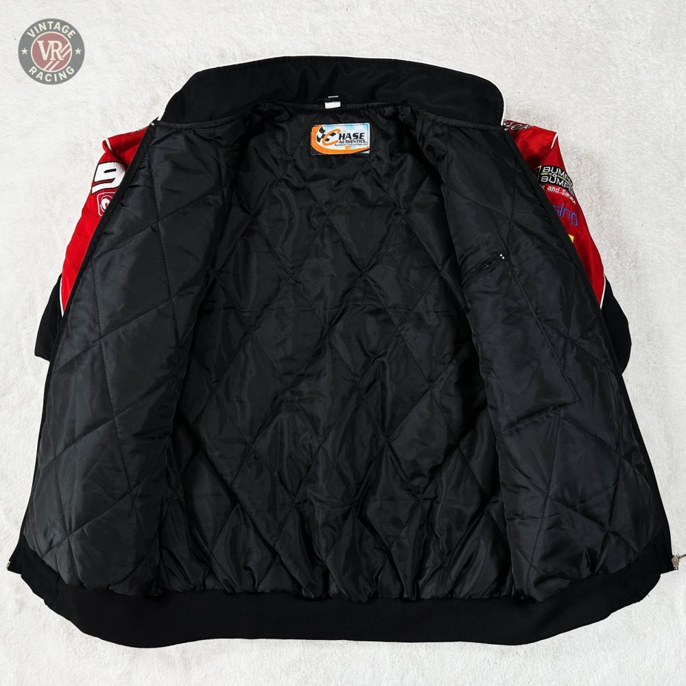 A Budweiser Vintage Racing Jacket - NASCAR Black Edition sleeve in red and black, featuring white Budweiser text and sponsor patches (Bosch, Freightliner, Snap-on), shown on a white background—ideal for vintage racing jacket collectors.