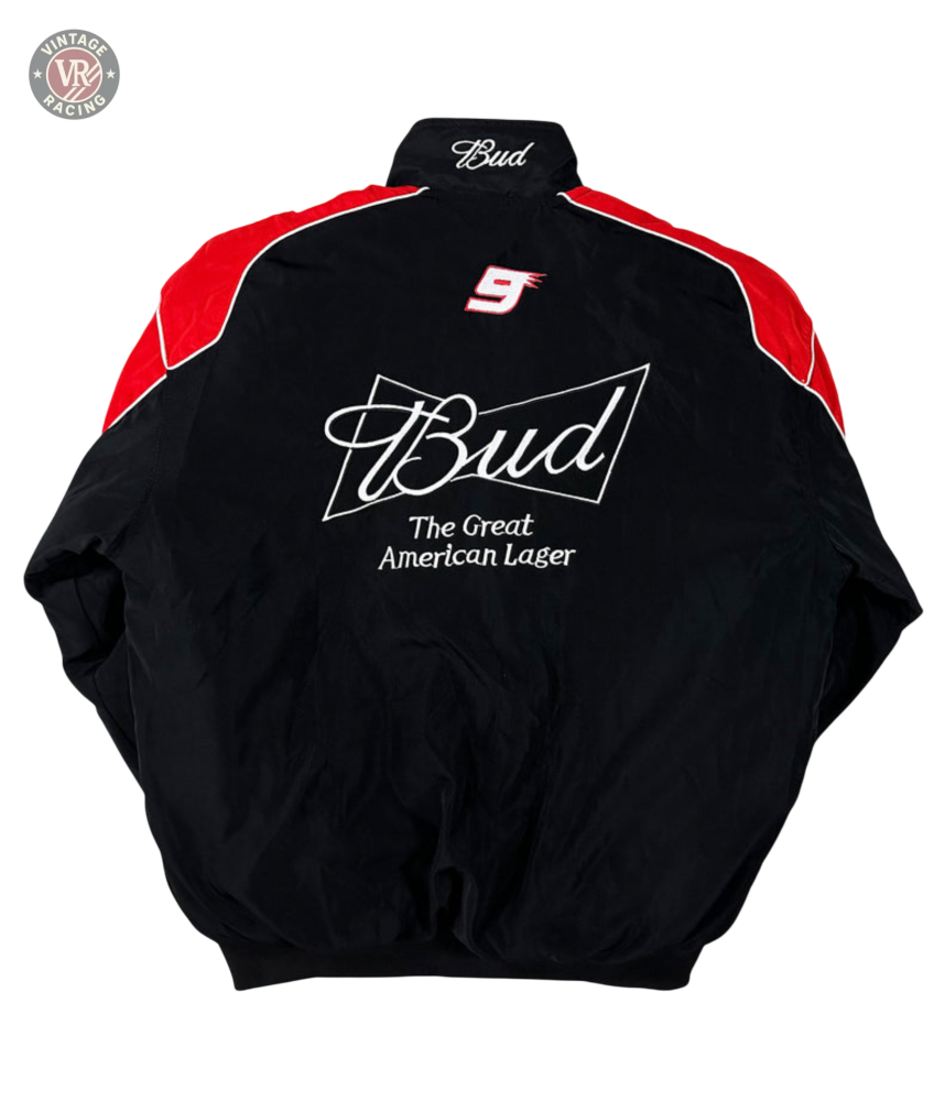The Budweiser Vintage Racing Jacket - NASCAR Black Edition showcases Bud The Great American Lager on the back, a bold red and white number 9, and Bud collar embroidery—a classic vintage racing look.