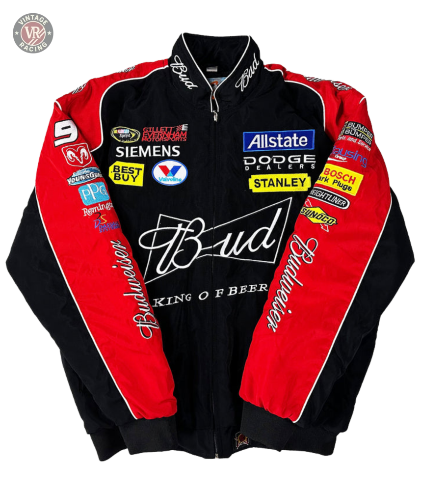 The Budweiser Vintage Racing Jacket - NASCAR Black Edition features black and red colors, King of Beers logos, and sponsor patches like Allstate, Dodge, and Stanley—ideal for fans seeking a classic vintage racing look.