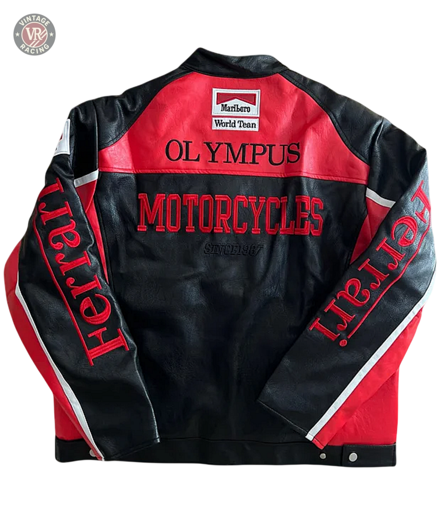 The F1 Leather Jacket - Olympus Edition features a black and red motorsport design with OLYMPUS MOTORCYCLES and Ferrari on the back, Marlboro and World Team patches, plus white sleeve stripes—a tribute to racing heritage.