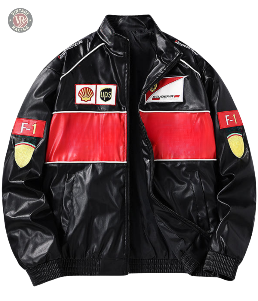 The F1 Vintage Leather Jacket - Red Edition features a bold red center stripe, Ferrari and F1 patches, Shell and UPS logos, plus sleeve shield emblems—an iconic vegan jacket for motorsport fans.