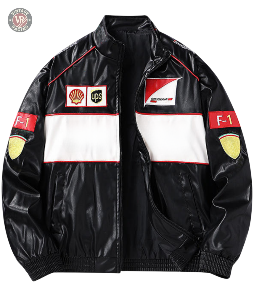 The F1 Vintage Leather Jacket - White Edition is a black vegan leather motorsport streetwear jacket with white and red stripes, Shell and UPS logo patches, yellow shield patches, “F-1” text on the sleeves, shown unzipped and laid flat on a white background.
