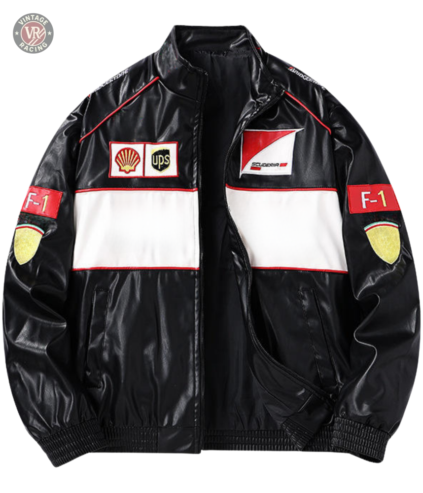 The F1 Vintage Leather Jacket - White Edition is a black vegan leather motorsport streetwear jacket with white and red stripes, Shell and UPS logo patches, yellow shield patches, “F-1” text on the sleeves, shown unzipped and laid flat on a white background.