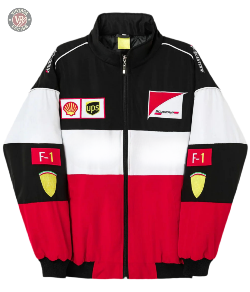 The F1 Vintage Racing Jacket - Classic Edition features bold black, white, and red color blocks plus Shell, UPS, F-1, and Scuderia patches—ideal for any vintage racing jacket collector.