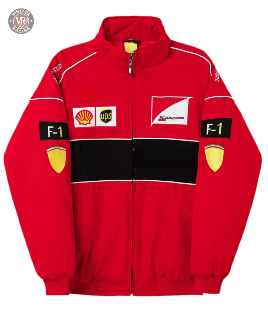 The F1 Vintage Racing Jacket - Red Edition features a Ferrari red design with black and white accents plus embroidered Shell, UPS, F-1, and Scuderia Ferrari patches on the front and sleeves.