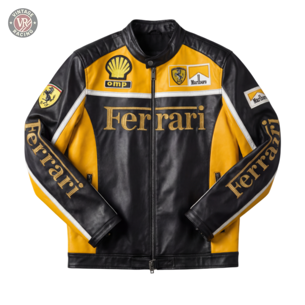 The Ferrari F1 Vintage Racing Jacket - Black & Yellow Edition features sponsor logos like Shell, Marlboro, and OMP on a gray backdrop, with the Ferrari name boldly displayed on the chest and sleeves.