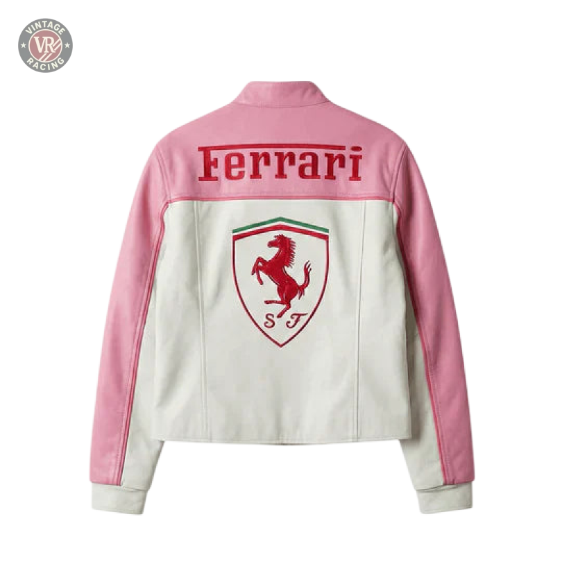 The Ferrari F1 Vintage Racing Leather Jacket - Pink & White Edition is shown from the back, displaying the Ferrari shield logo with a prancing horse and bold "Ferrari" text across the upper back.