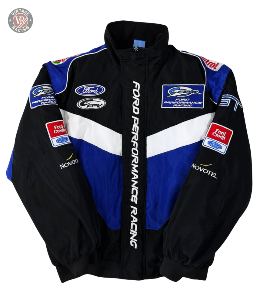 The Ford Vintage Jacket - Performance Edition is a black and blue jacket featuring white diagonal stripes, FORD PERFORMANCE RACING text down the front, and sponsor logos including Ford, Castrol, and Ford Credit. Inspired by racing heritage.