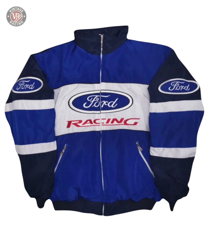 The Ford Vintage Jacket - Racing Edition is a blue and white jacket with the Ford logo on the chest and sleeves, RACING in red below the main logo, plus a front zipper and two zippered pockets—perfect retro motorsport style.