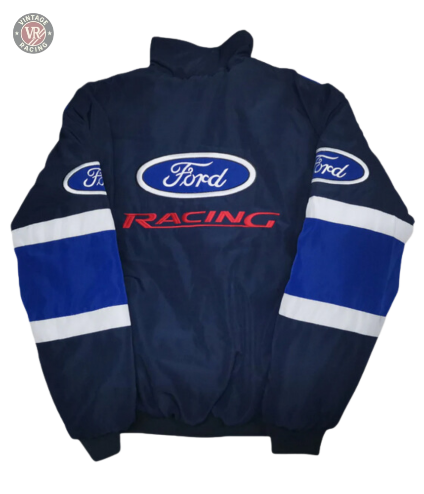 The Ford Vintage Jacket - Racing Edition features navy blue fabric, blue and white sleeve stripes, white Ford logos on the back and sleeves, plus red RACING lettering—showcasing classic muscle car heritage and retro motorsport style.