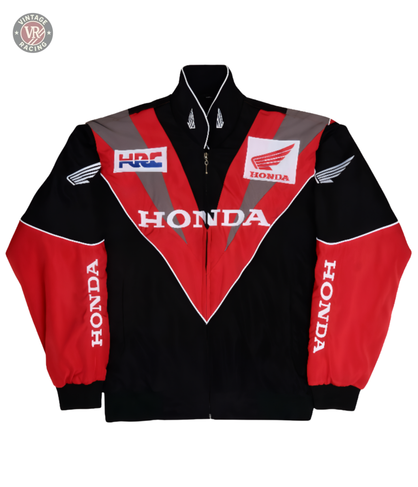 The Honda Vintage Racing Jacket showcases a black and red design with the Honda logo, HONDA text, and HRC patch on the front. White HONDA lettering accents the sleeves. It features a zip-up front and stand-up collar for a classic racing look.