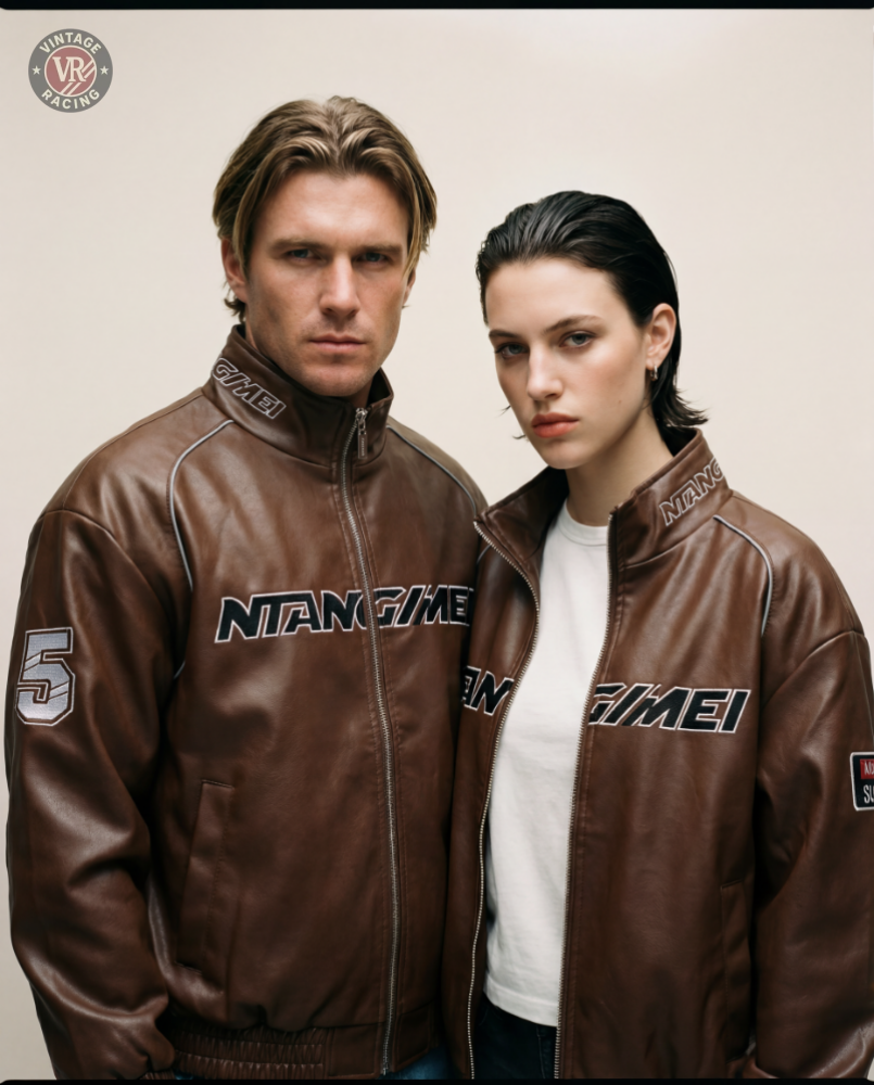 Two people wear matching LAP 85 Brown Racing Jackets, standing side by side against a plain background and looking directly at the camera with neutral expressions.