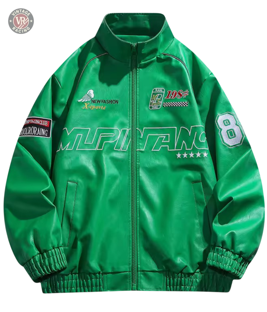 The LAP 85 Green Racing Jacket features a bright green design with racing-style patches, including a bold number 8 on the right sleeve, MUPINANG across the front, assorted logos and stars, elastic cuffs, and a classic zipper front.
