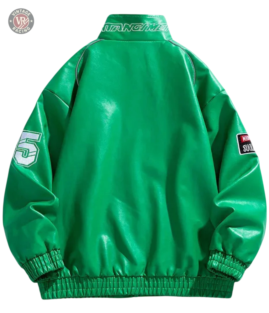 The LAP 85 Green Racing Jacket features a shiny bright green finish, elastic cuffs and hem, a white 5 on the right sleeve, black and red motorsport streetwear patch on the left sleeve, and text on the collar. Shown from the back.