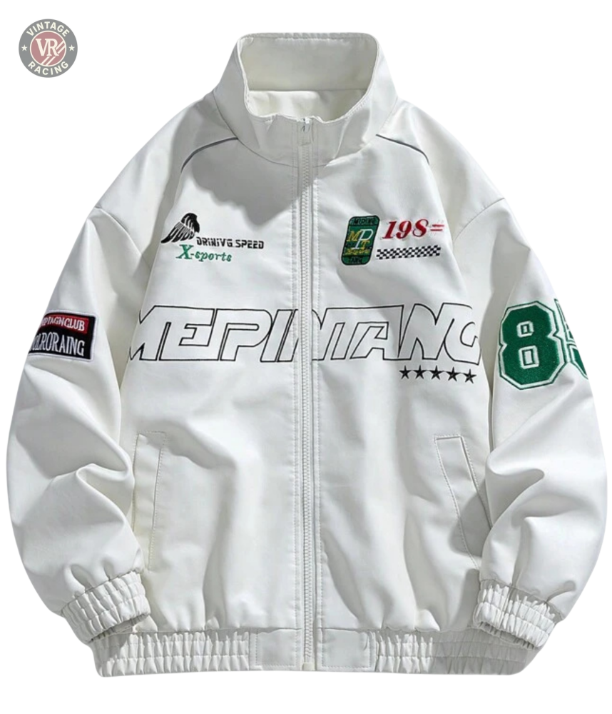 The LAP 85 White Racing Jacket features racing-themed patches, green and red numbers, MEPIANO text on the front, elastic cuffs and hem, plus retro stars and checkered flag graphics for authentic streetwear style.