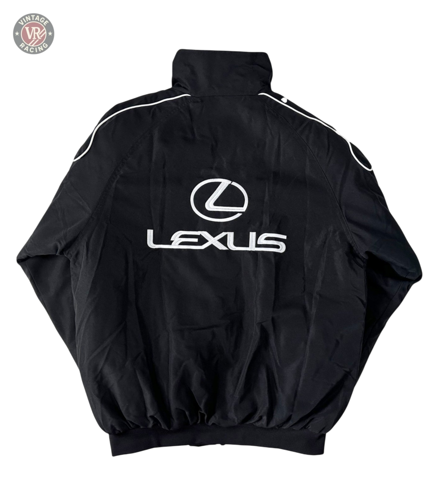 The Lexus Vintage Racing Jacket features a black design with white shoulder piping and the Lexus logo and name embroidered in white on the back—ideal for fans of luxury motorsport style.