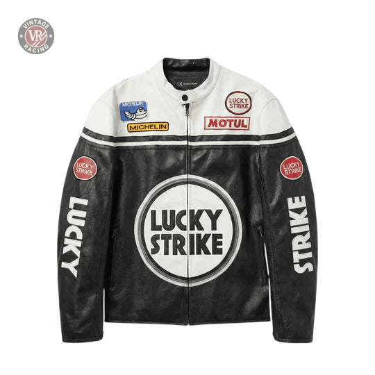 The Lucky Strike Vintage Racing Leather Jacket - White & Black Edition features LUCKY STRIKE logos on the front, sleeves, and shoulders, plus Michelin and Motul patches on the upper chest.